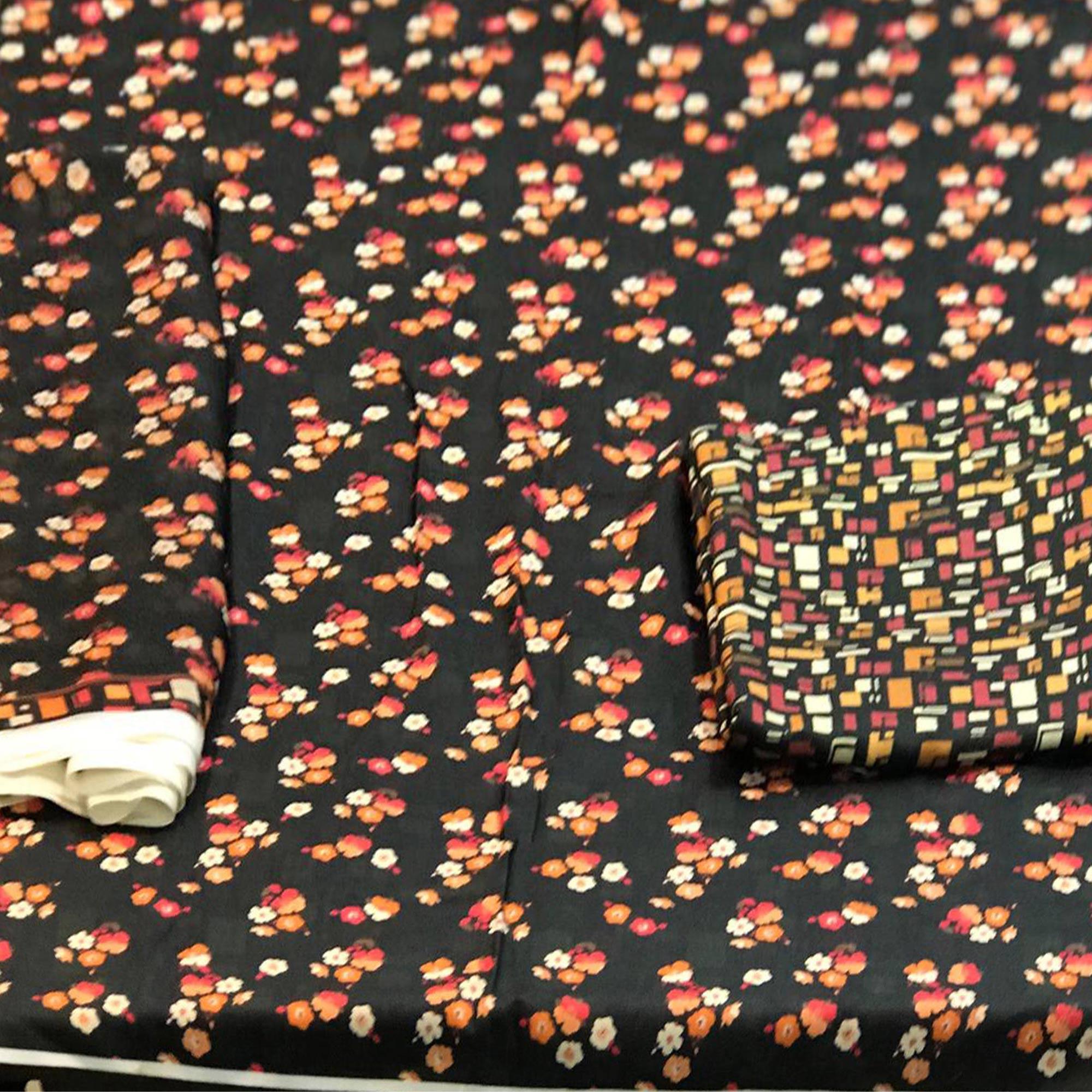 Black Casual Wear Floral Printed Pashmina Dress Material - Peachmode