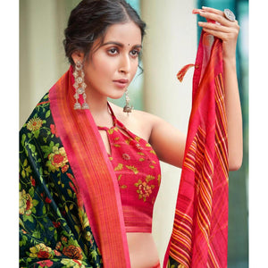 Black Casual Wear Floral Printed Pure Linen Saree - Peachmode