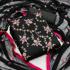 Black Casual Wear Floral Sequence Embroidery Chanderi Dress Material - Peachmode