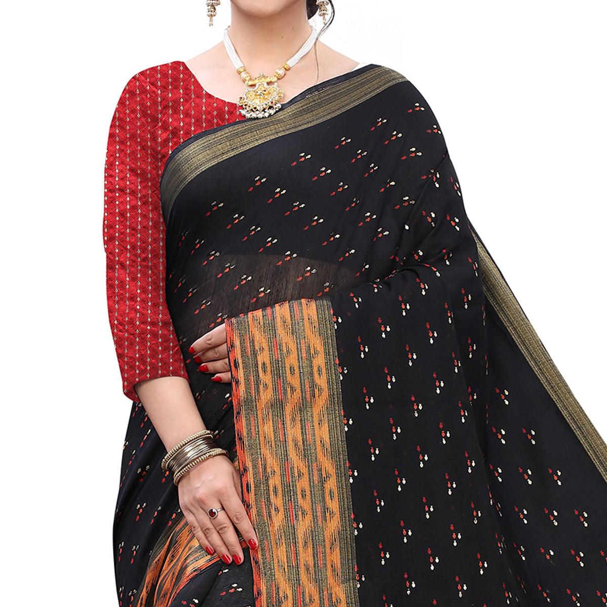 Black Casual Wear Foil Printed Cotton Silk Saree - Peachmode