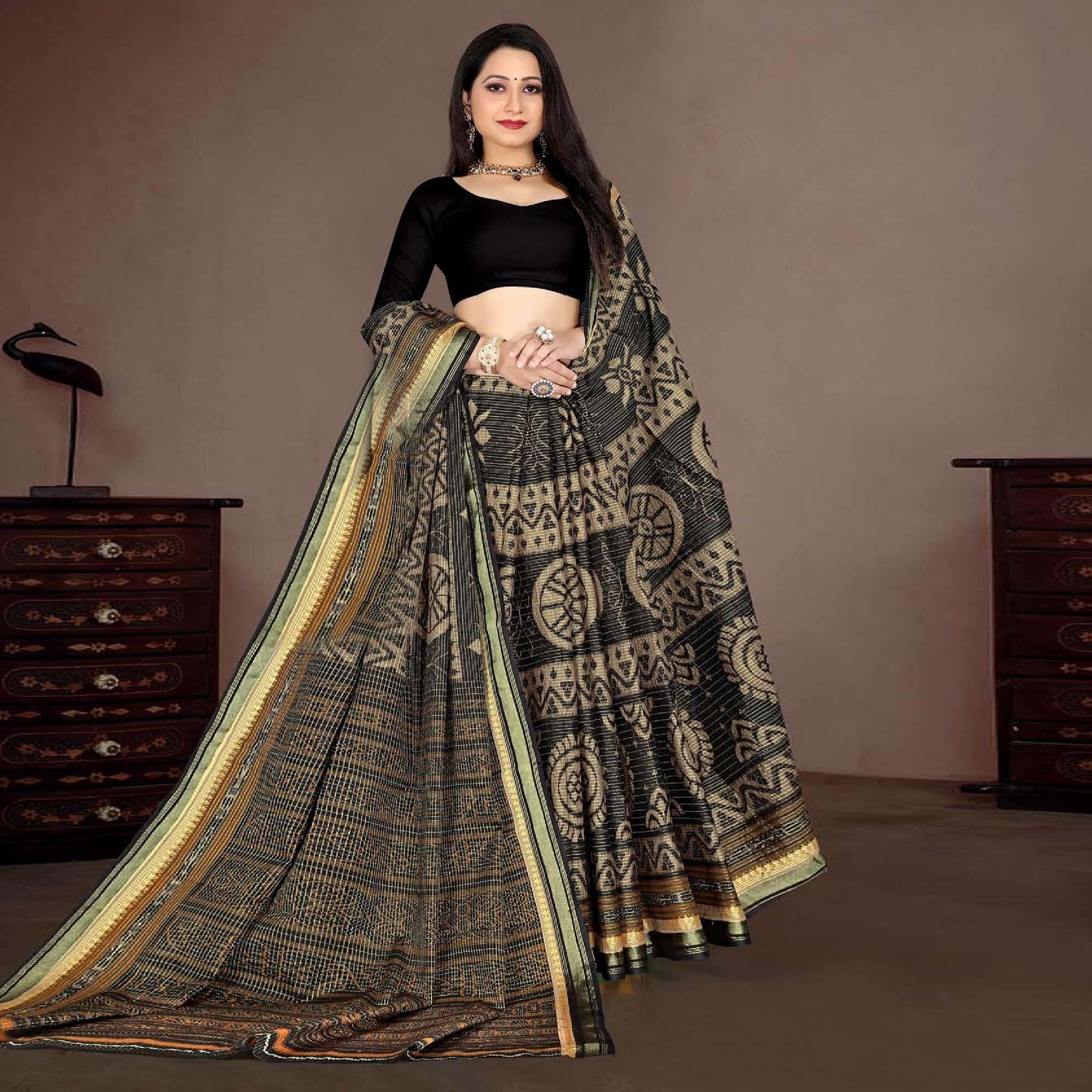 Black Casual Wear Ikkat Printed Cotton Silk Saree - Peachmode