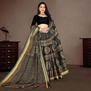 Black Casual Wear Ikkat Printed Cotton Silk Saree - Peachmode