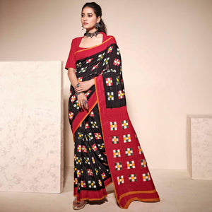 Black Casual Wear Ikkat Printed Mul Mul Cotton Saree - Peachmode