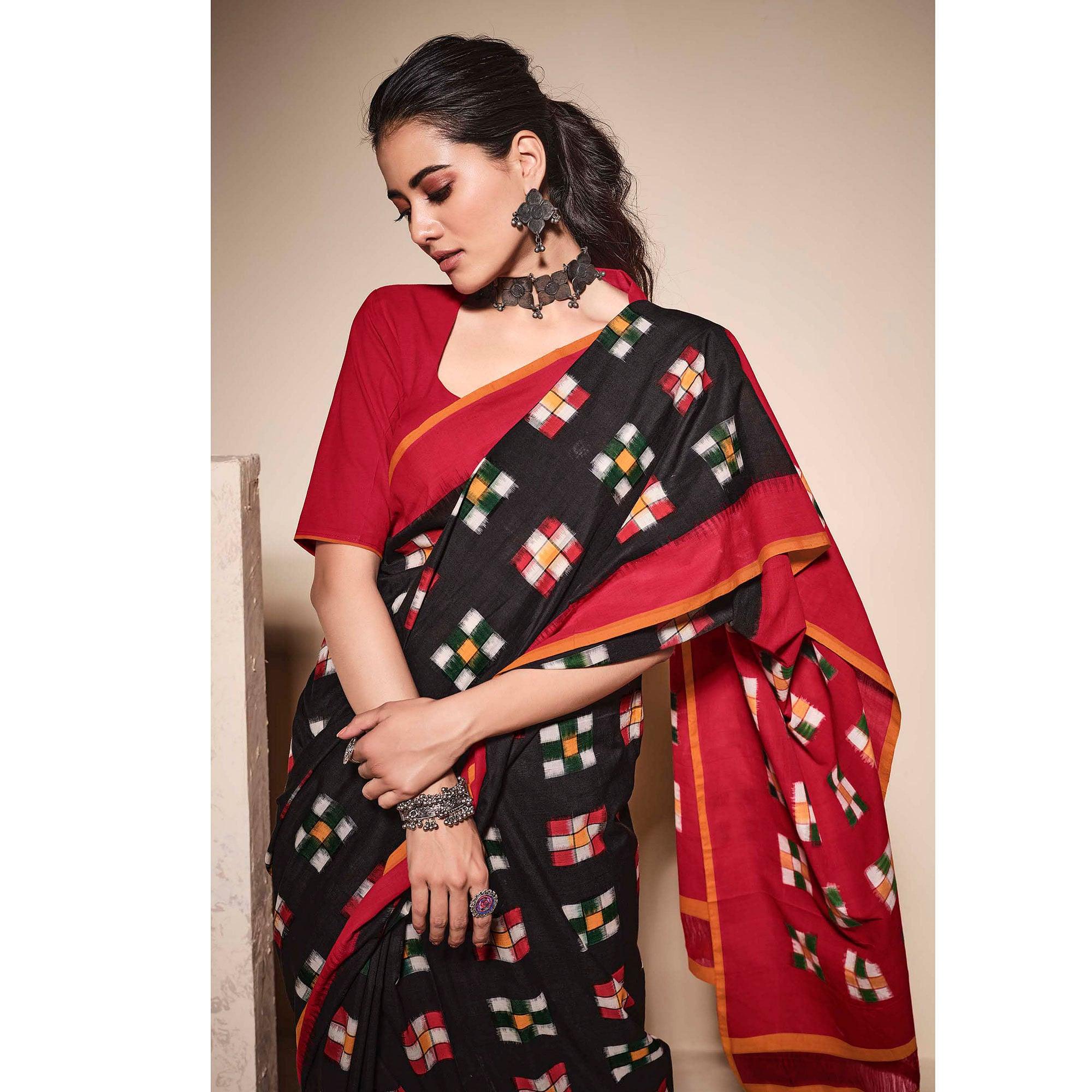 Black Casual Wear Ikkat Printed Mul Mul Cotton Saree - Peachmode