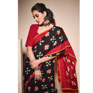 Black Casual Wear Ikkat Printed Mul Mul Cotton Saree - Peachmode