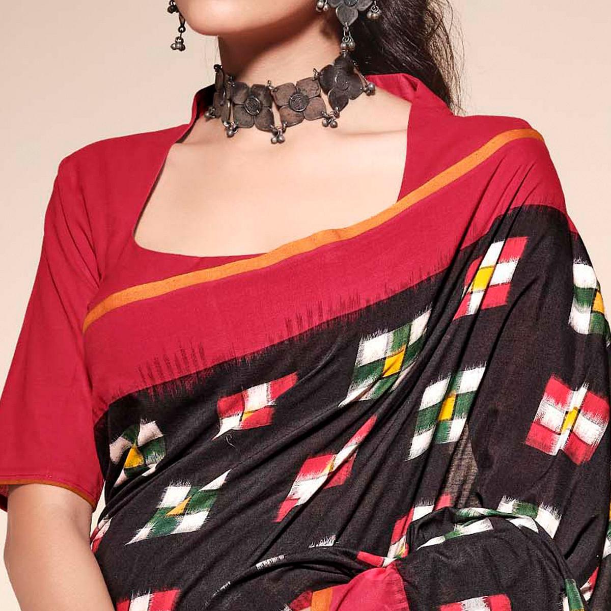 Black Casual Wear Ikkat Printed Mul Mul Cotton Saree - Peachmode