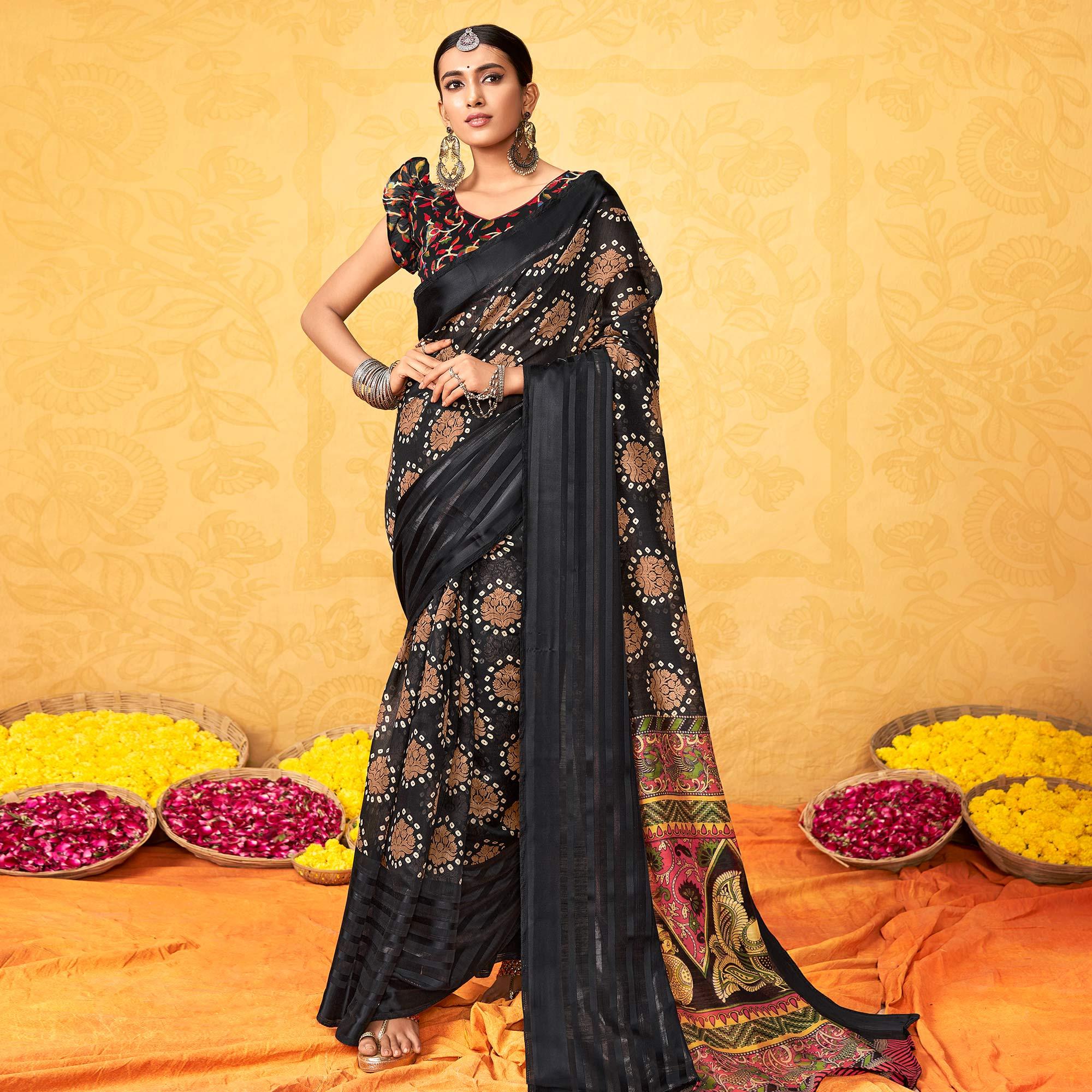 Black Casual Wear KalamKari Block Printed Cotton Satin Saree - Peachmode
