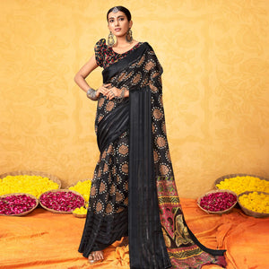 Black Casual Wear KalamKari Block Printed Cotton Satin Saree - Peachmode