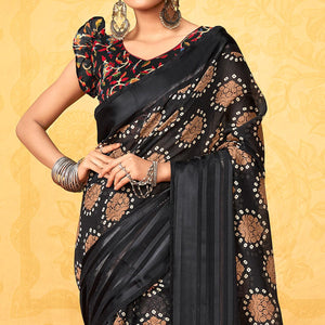 Black Casual Wear KalamKari Block Printed Cotton Satin Saree - Peachmode
