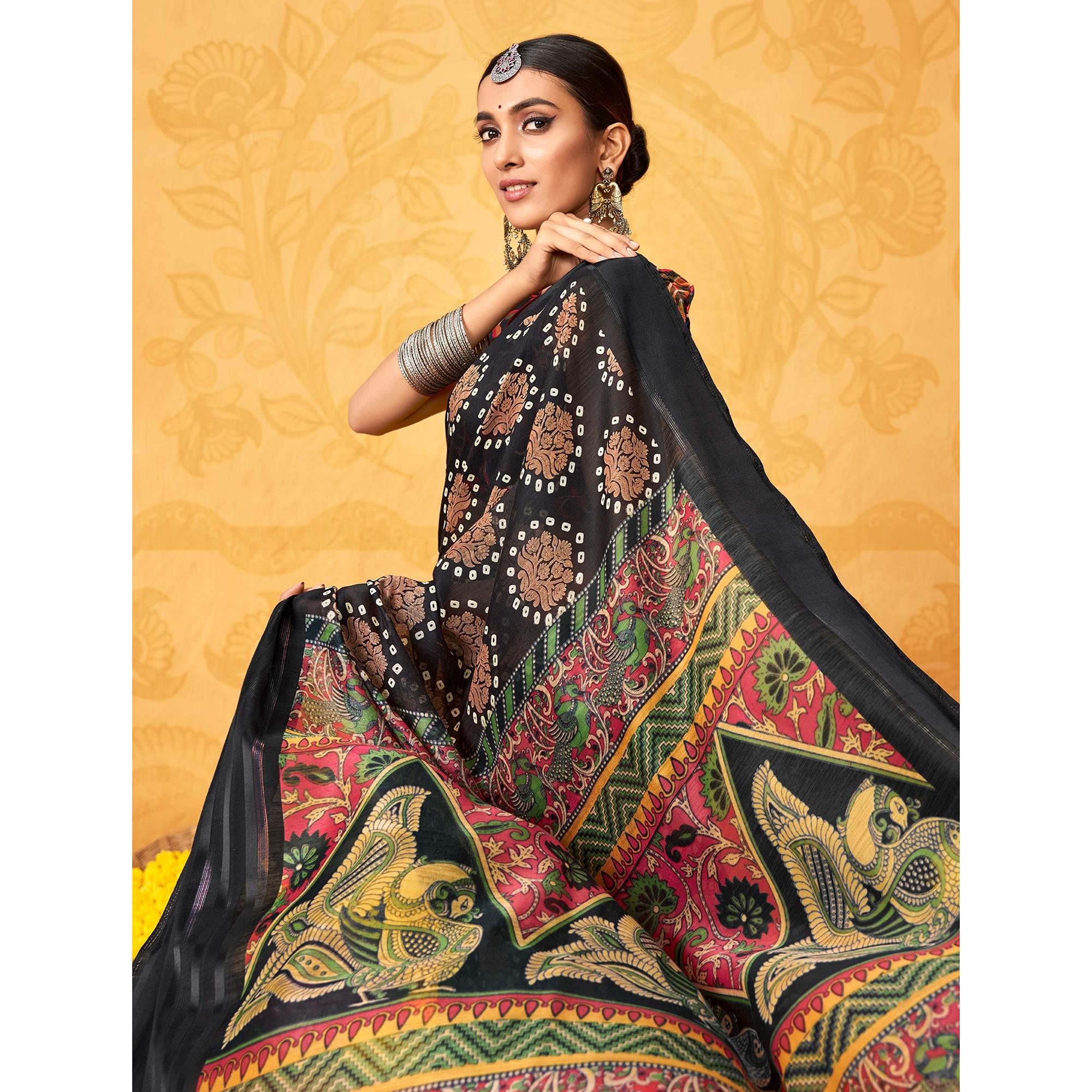 Black Casual Wear KalamKari Block Printed Cotton Satin Saree - Peachmode
