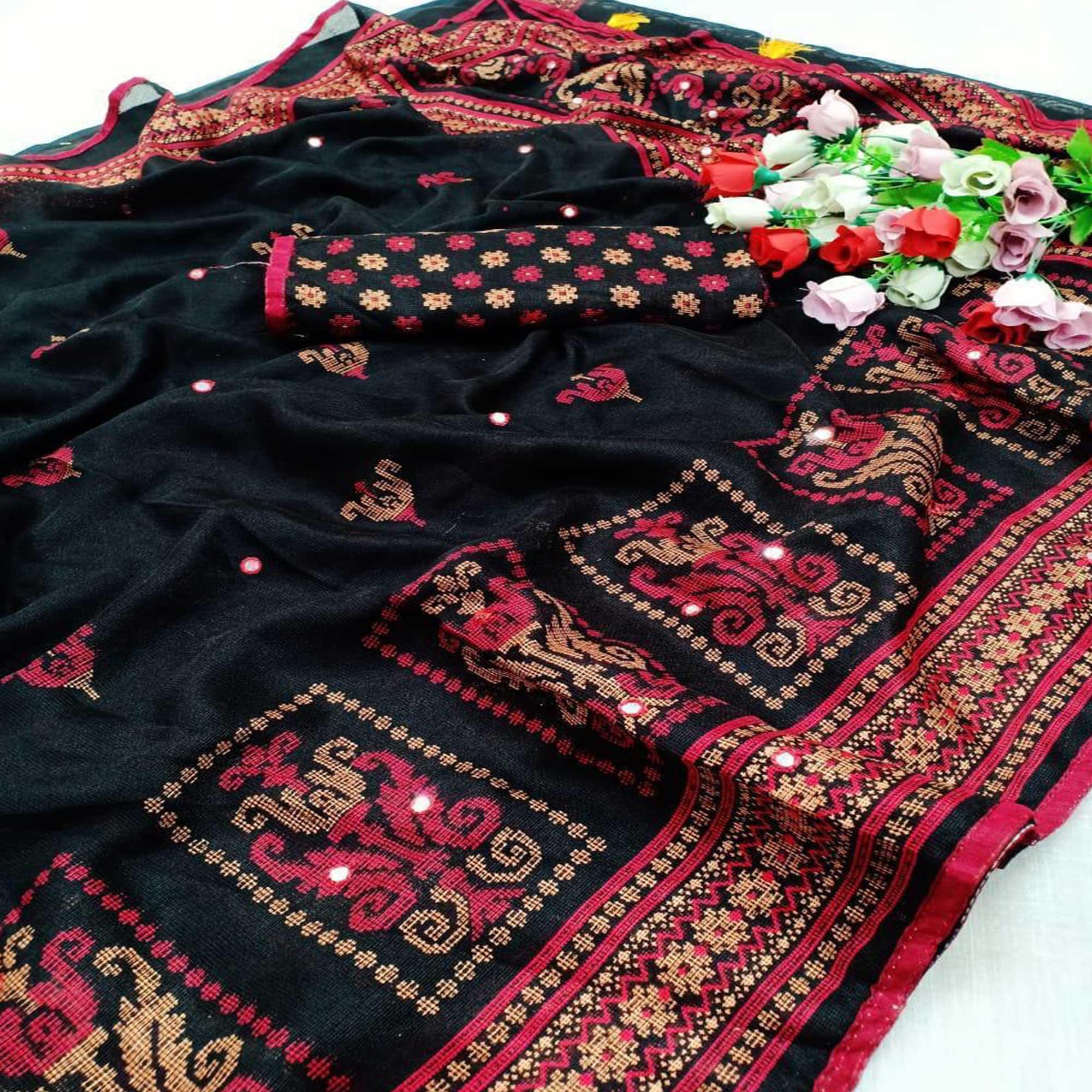Black Casual Wear Print With Mirror Work Jute Saree - Peachmode