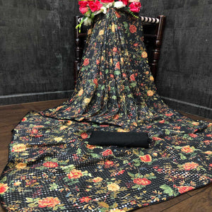 Black Casual Wear Printed & Sequence Work Heavy Georgette Saree - Peachmode