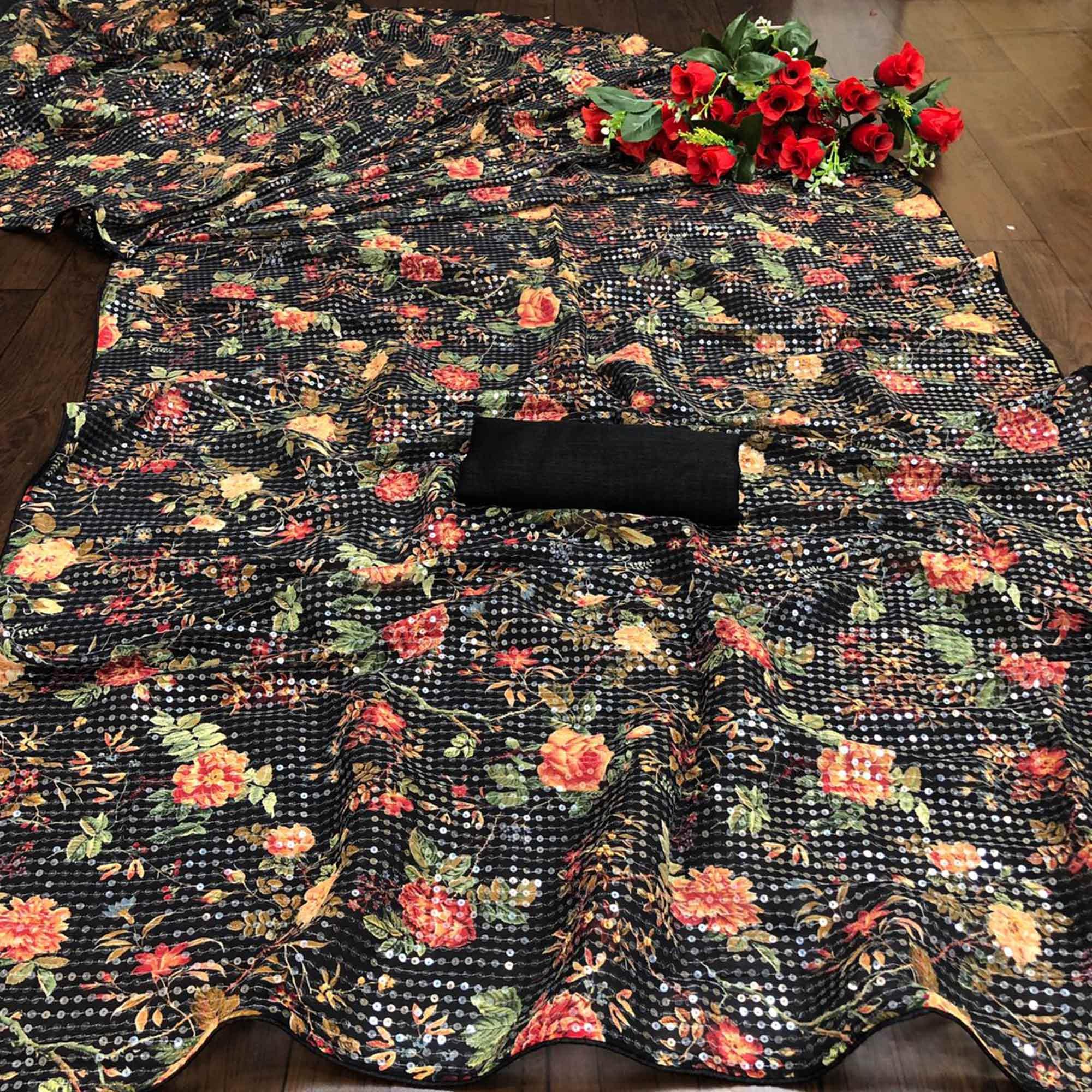 Black Casual Wear Printed & Sequence Work Heavy Georgette Saree - Peachmode