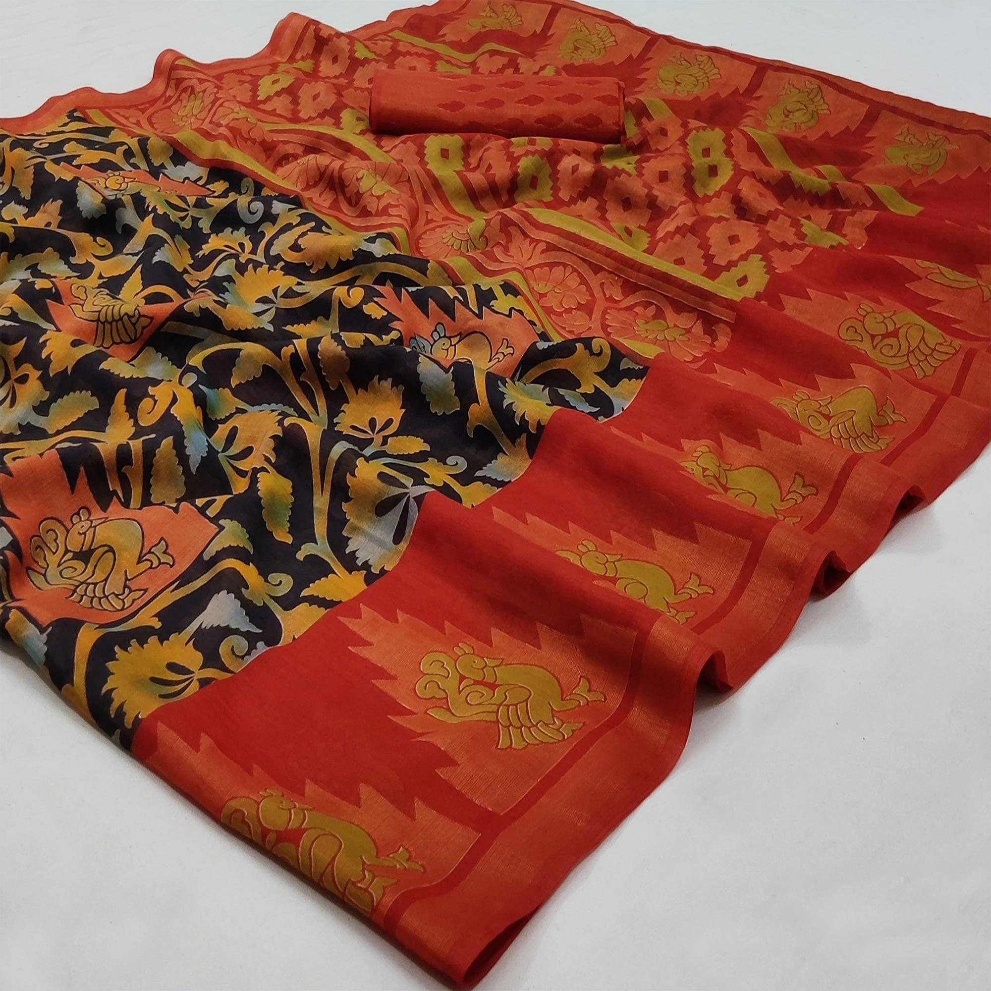 Black Casual Wear Printed Art Silk Saree - Peachmode