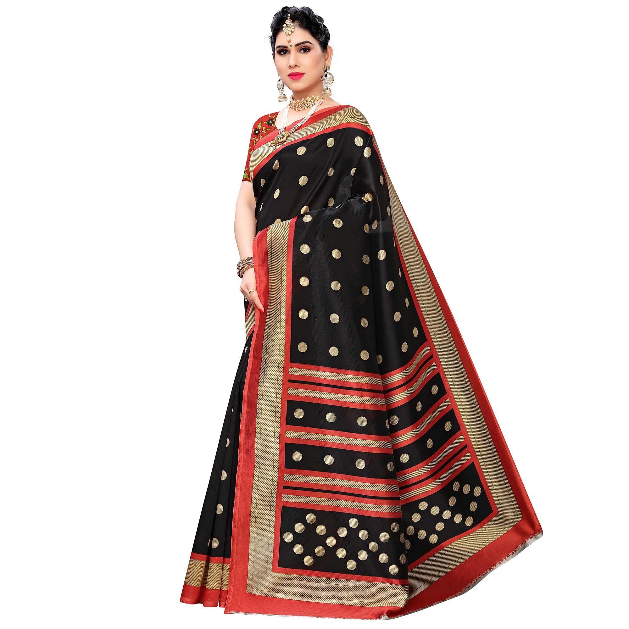 Black Casual Wear Printed Art Silk Saree - Peachmode