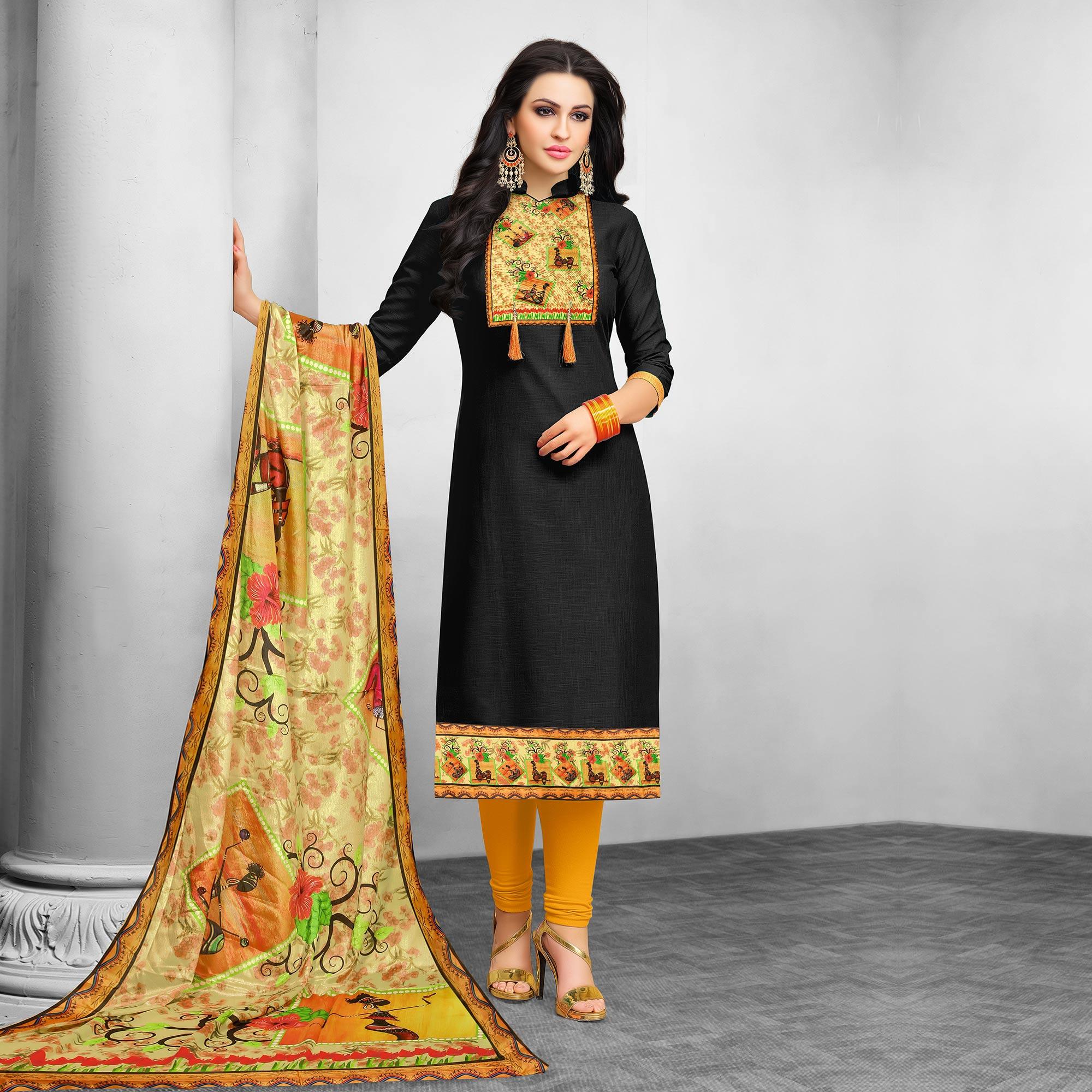 Black Casual Wear Printed Art Silk Suit - Peachmode