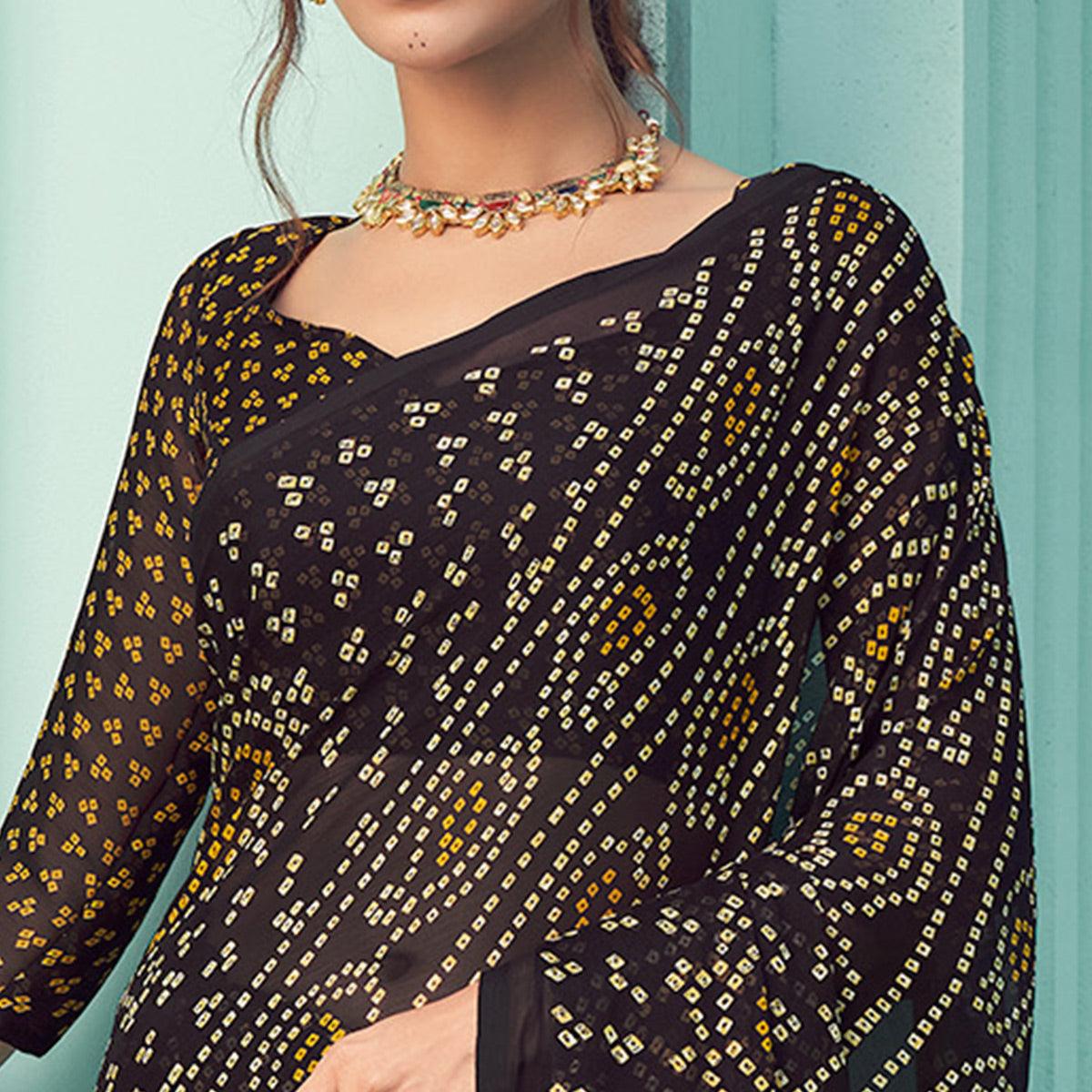 Black Casual Wear Printed Chiffon Bandhani Saree - Peachmode