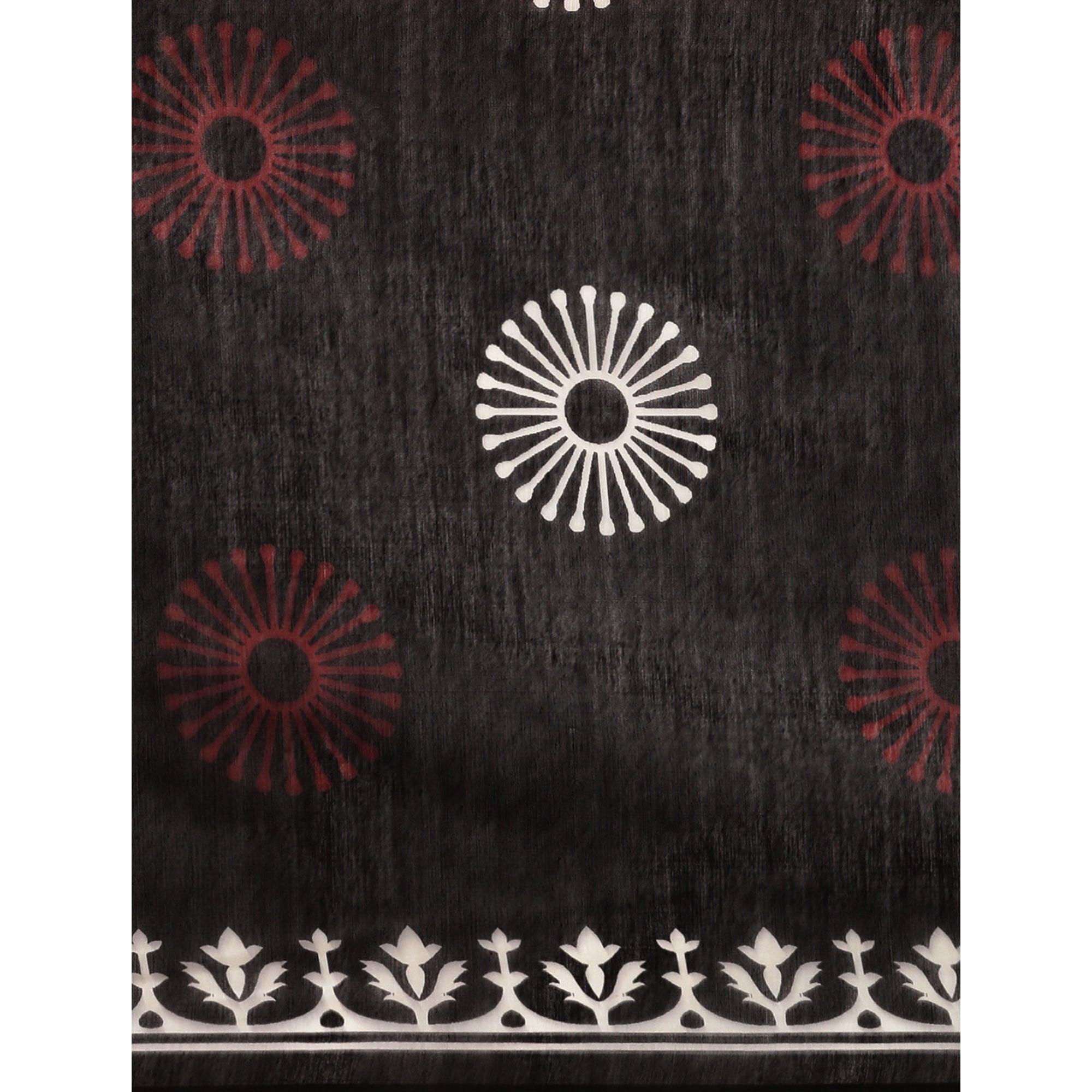 Black Casual Wear Printed Cotton Blend Saree With Tassels - Peachmode