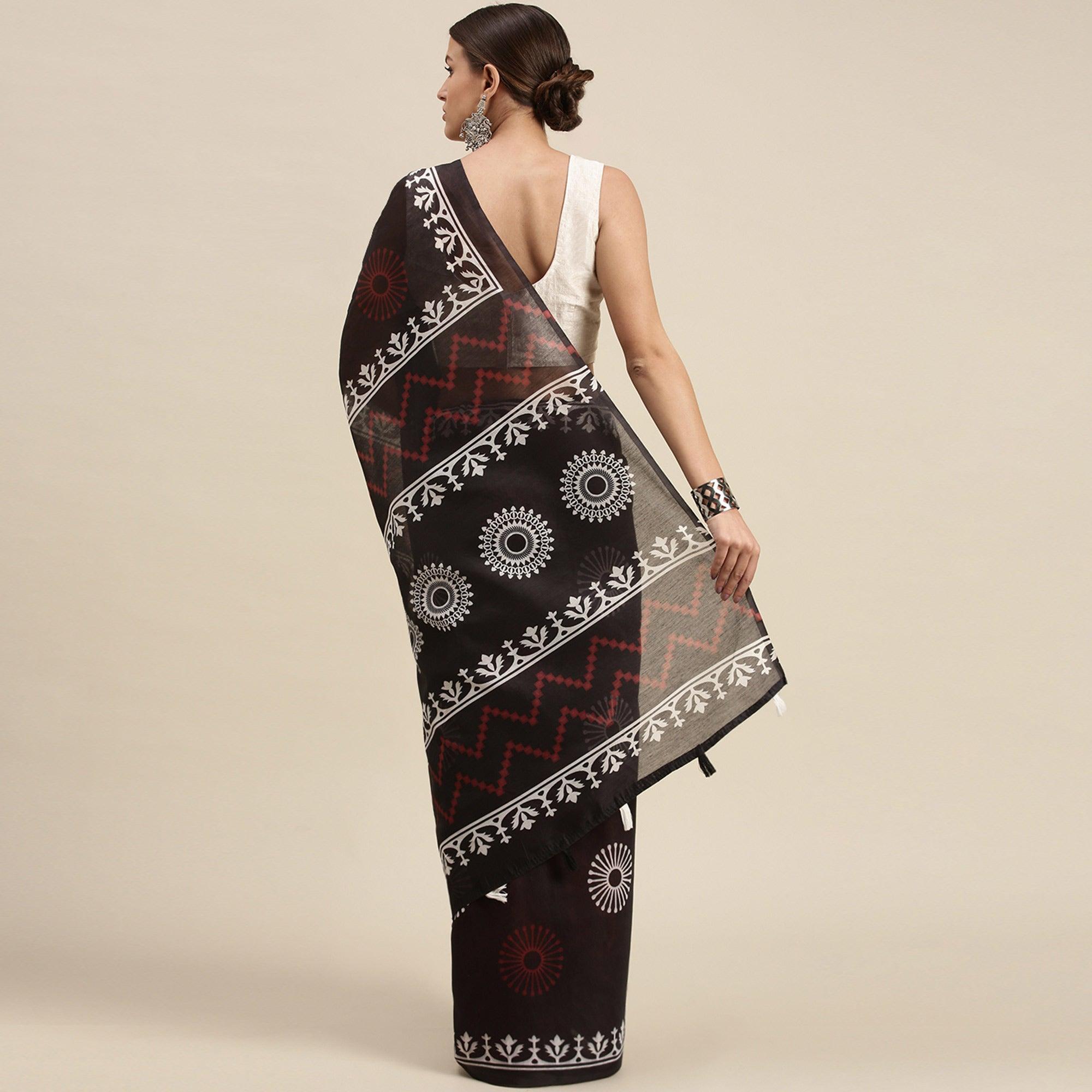 Black Casual Wear Printed Cotton Blend Saree With Tassels - Peachmode
