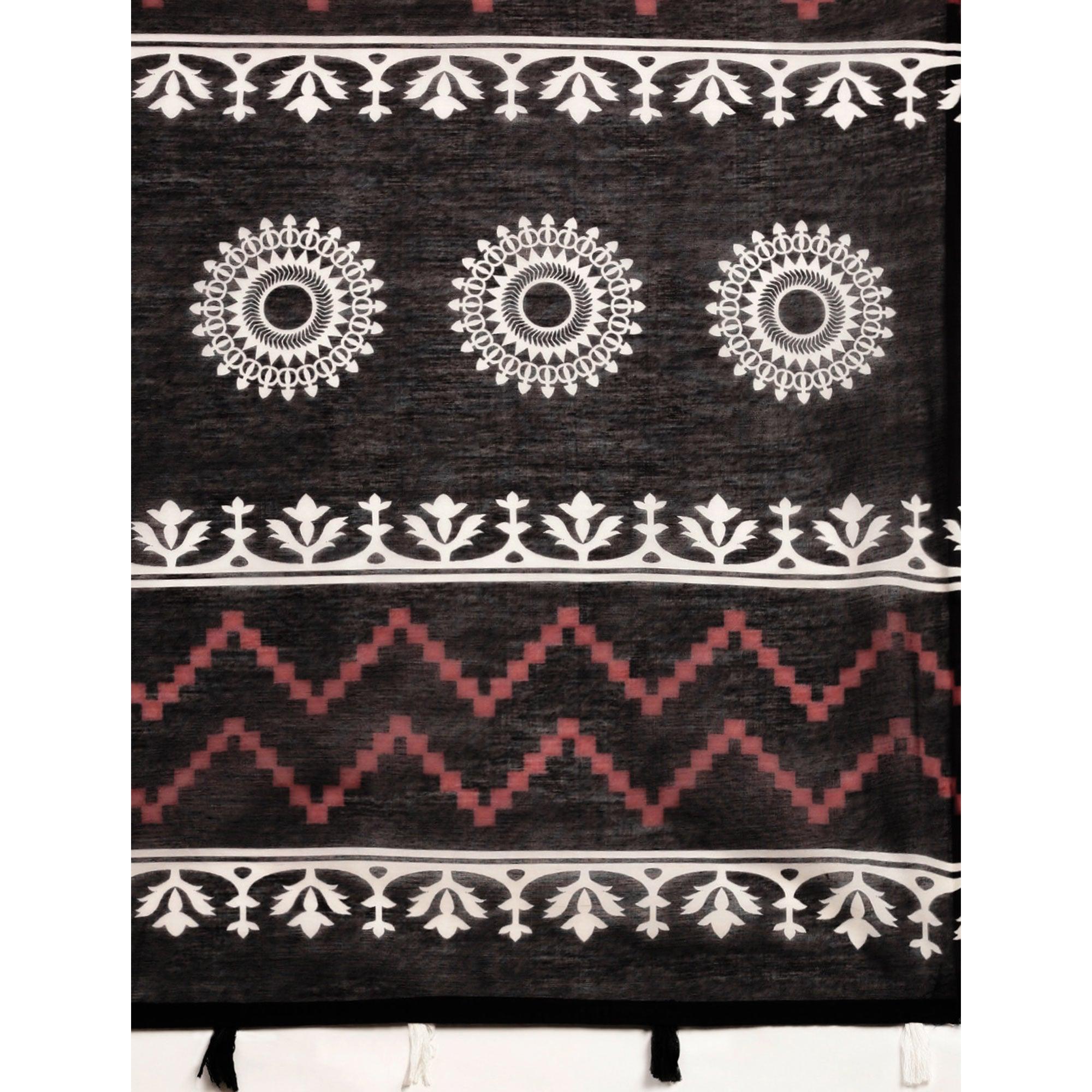 Black Casual Wear Printed Cotton Blend Saree With Tassels - Peachmode