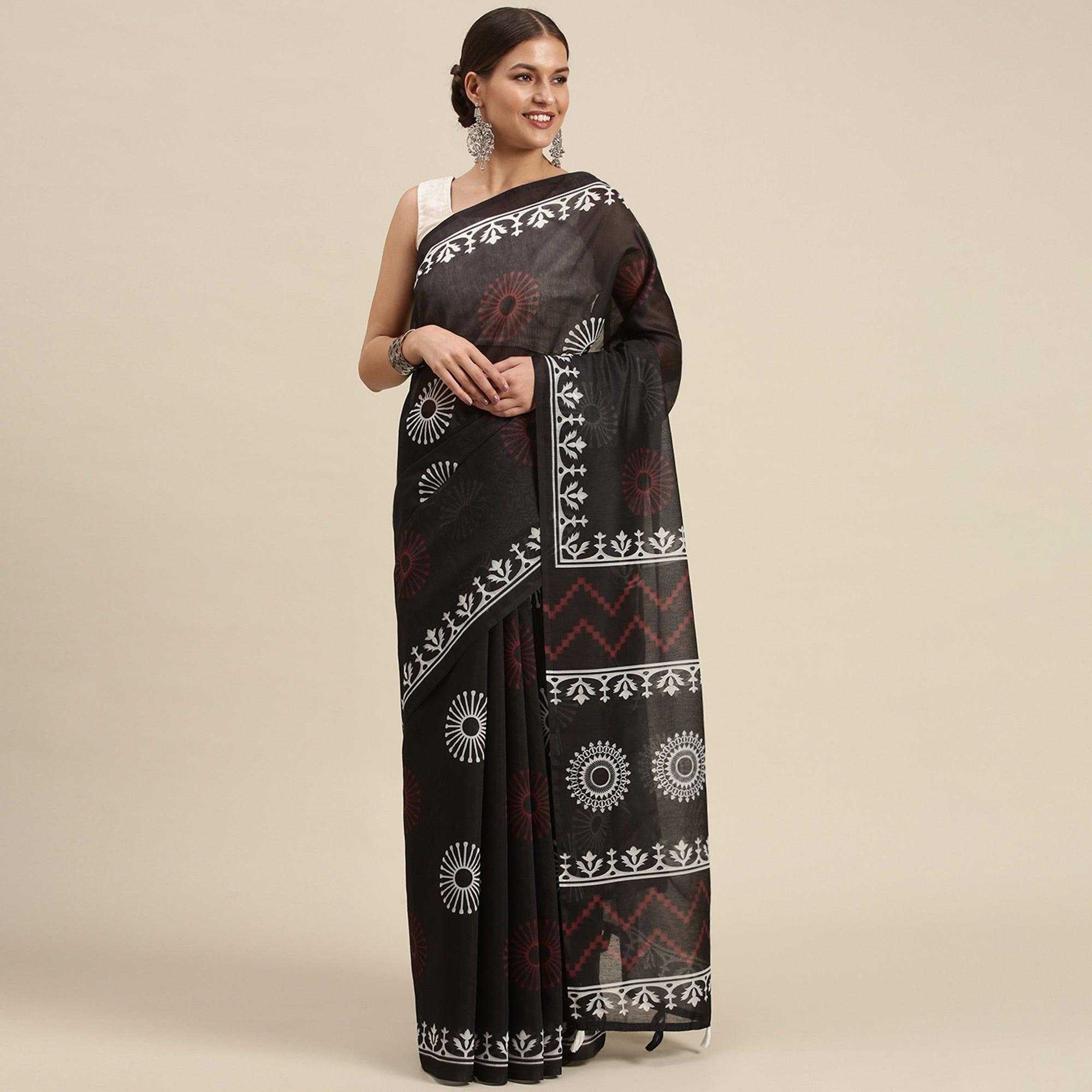 Black Casual Wear Printed Cotton Blend Saree With Tassels - Peachmode