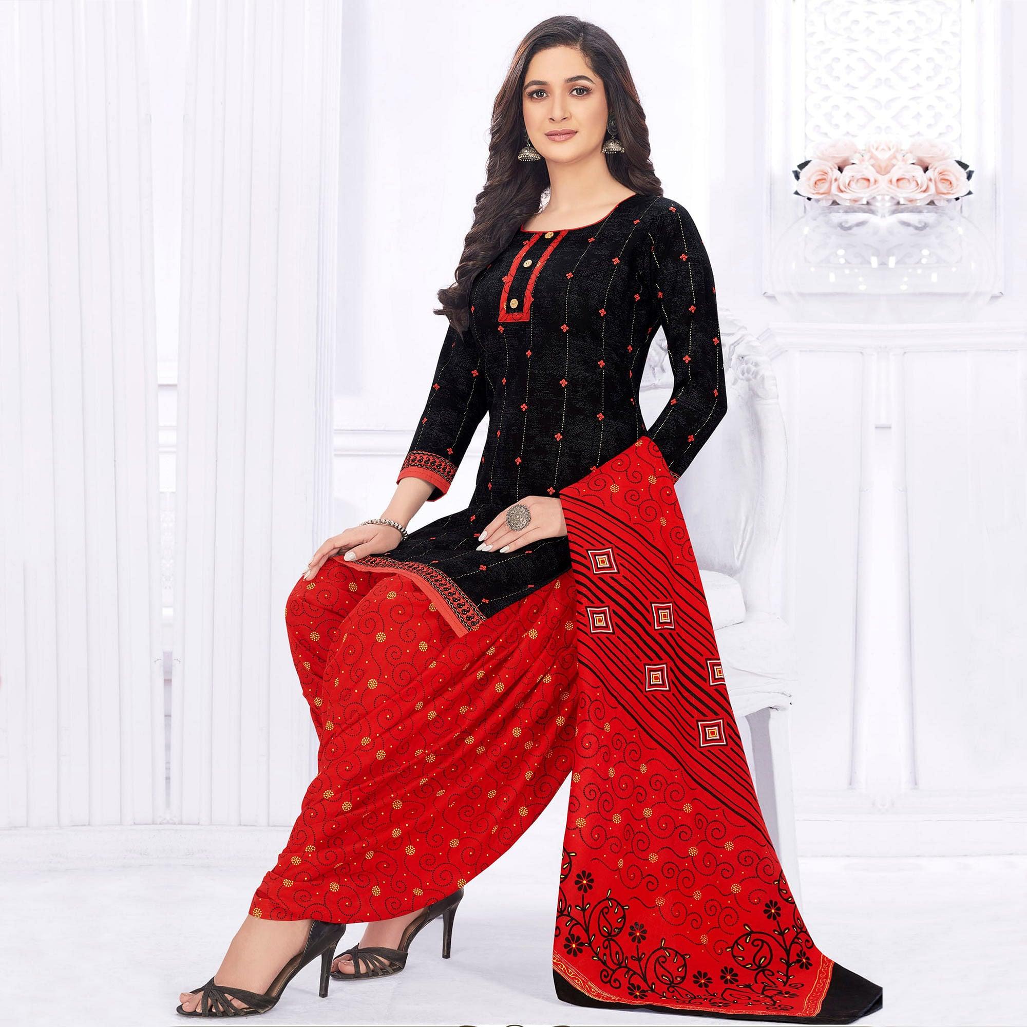 Black Casual Wear Printed Cotton Dress Material - Peachmode