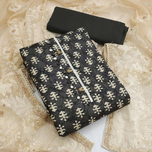 Black Casual Wear Printed Cotton Dress Material - Peachmode