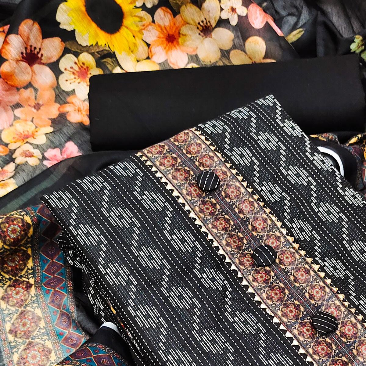 Black Casual Wear Printed Cotton Dress Material - Peachmode