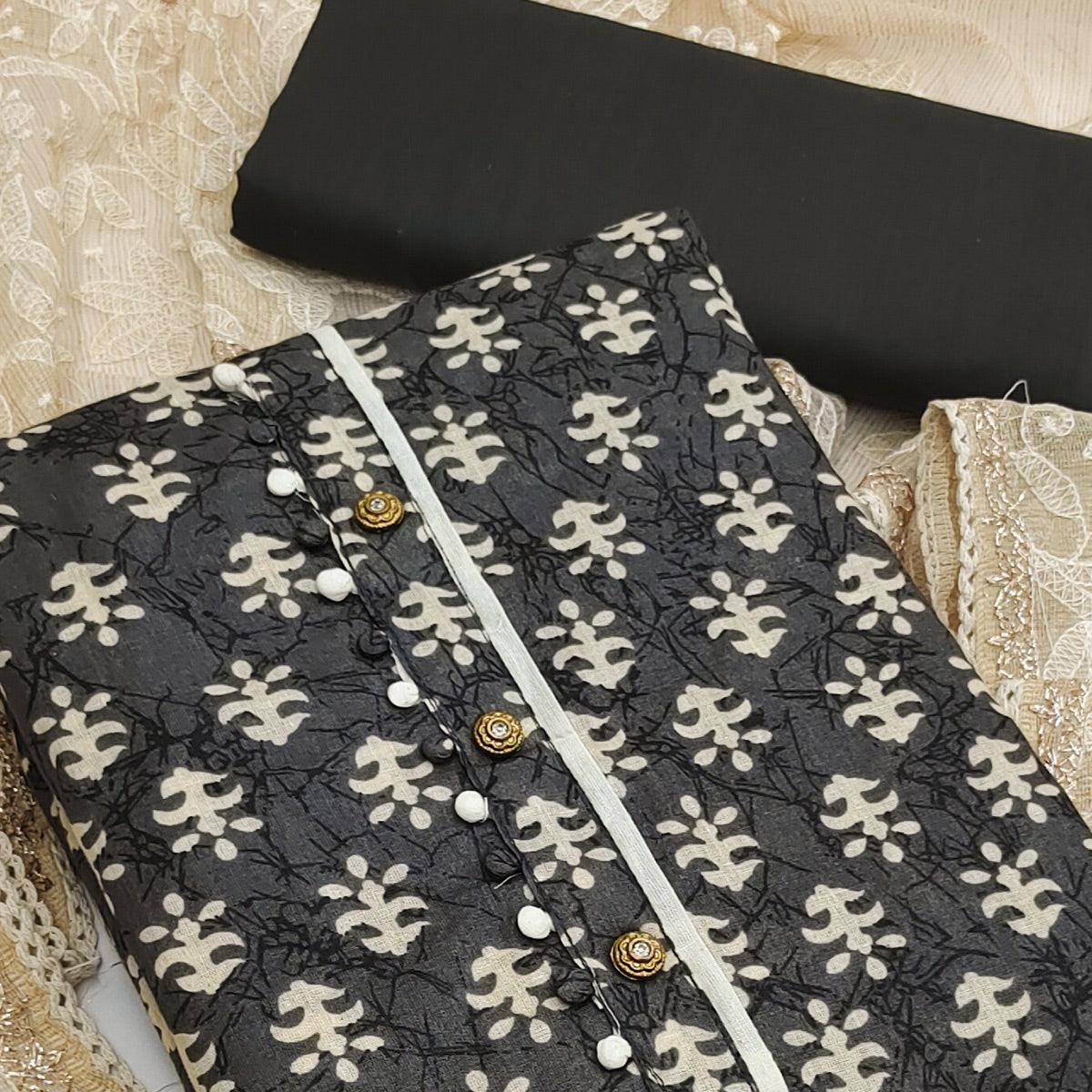 Black Casual Wear Printed Cotton Dress Material - Peachmode