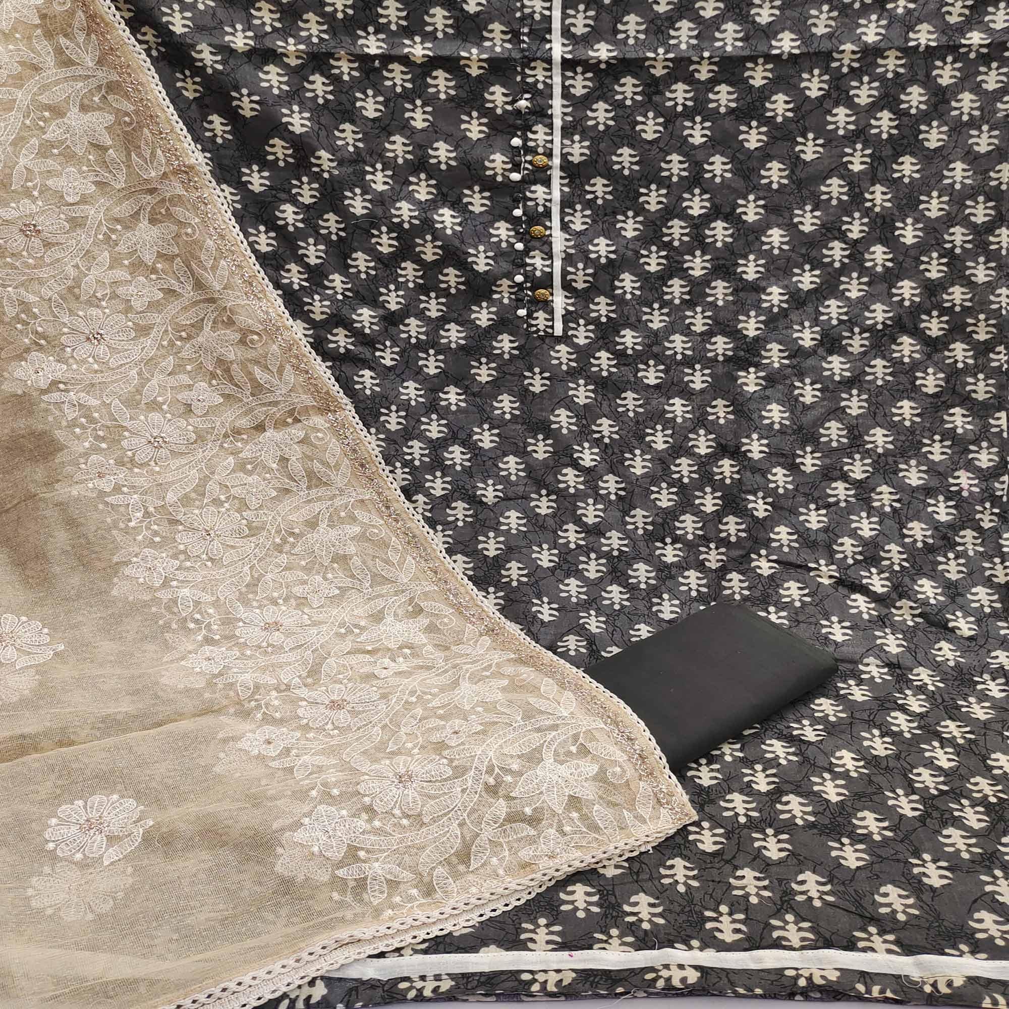 Black Casual Wear Printed Cotton Dress Material - Peachmode