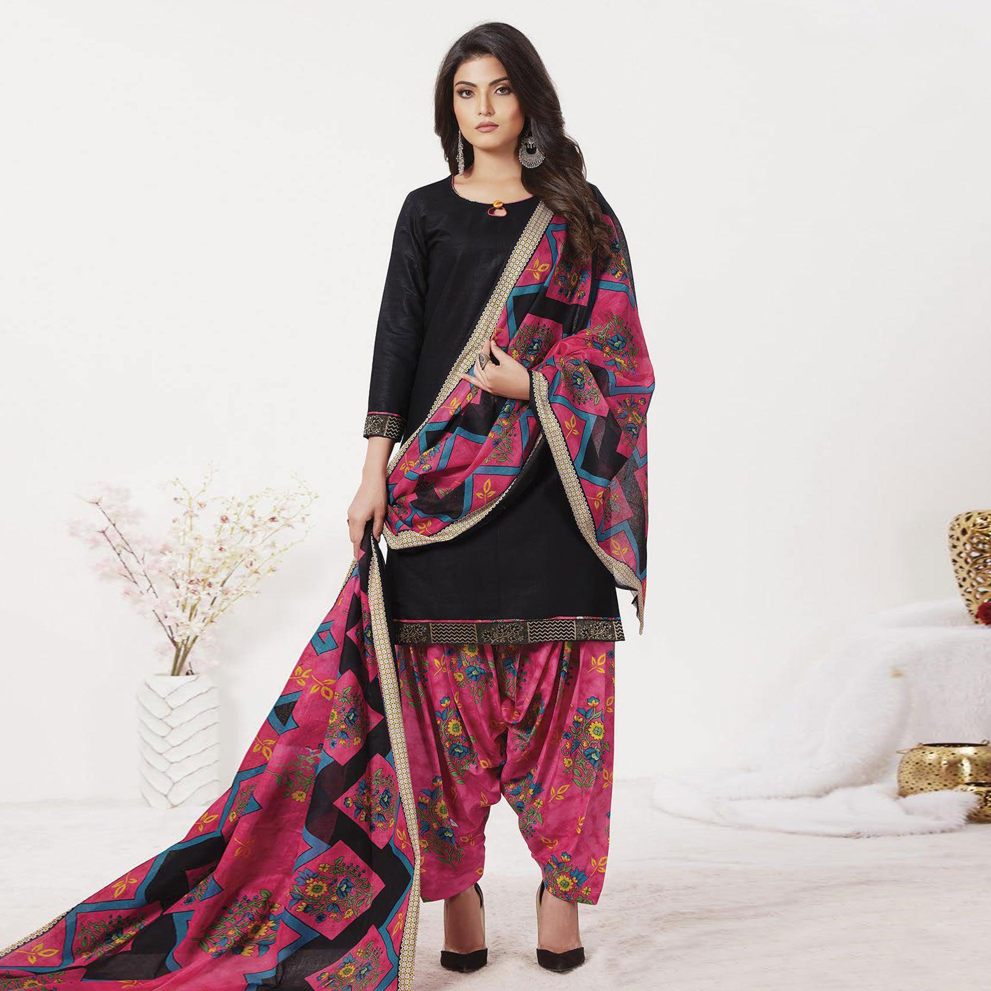 Black Casual Wear Printed Cotton Patiala Dress Material - Peachmode