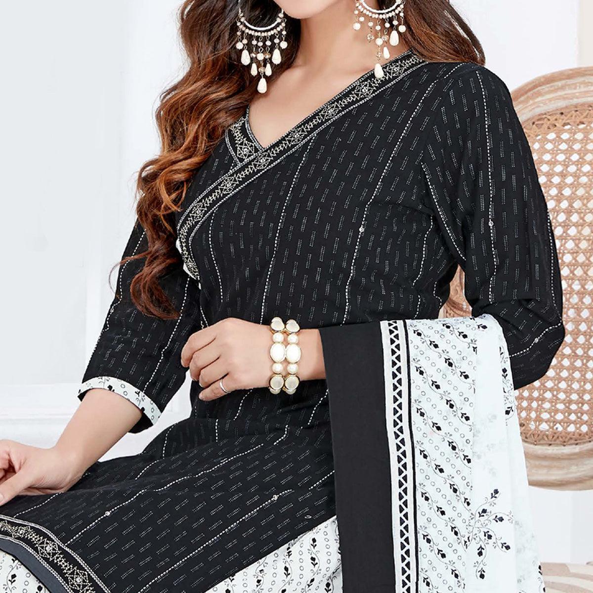 Black Casual Wear Printed Cotton Patiala Dress Material - Peachmode