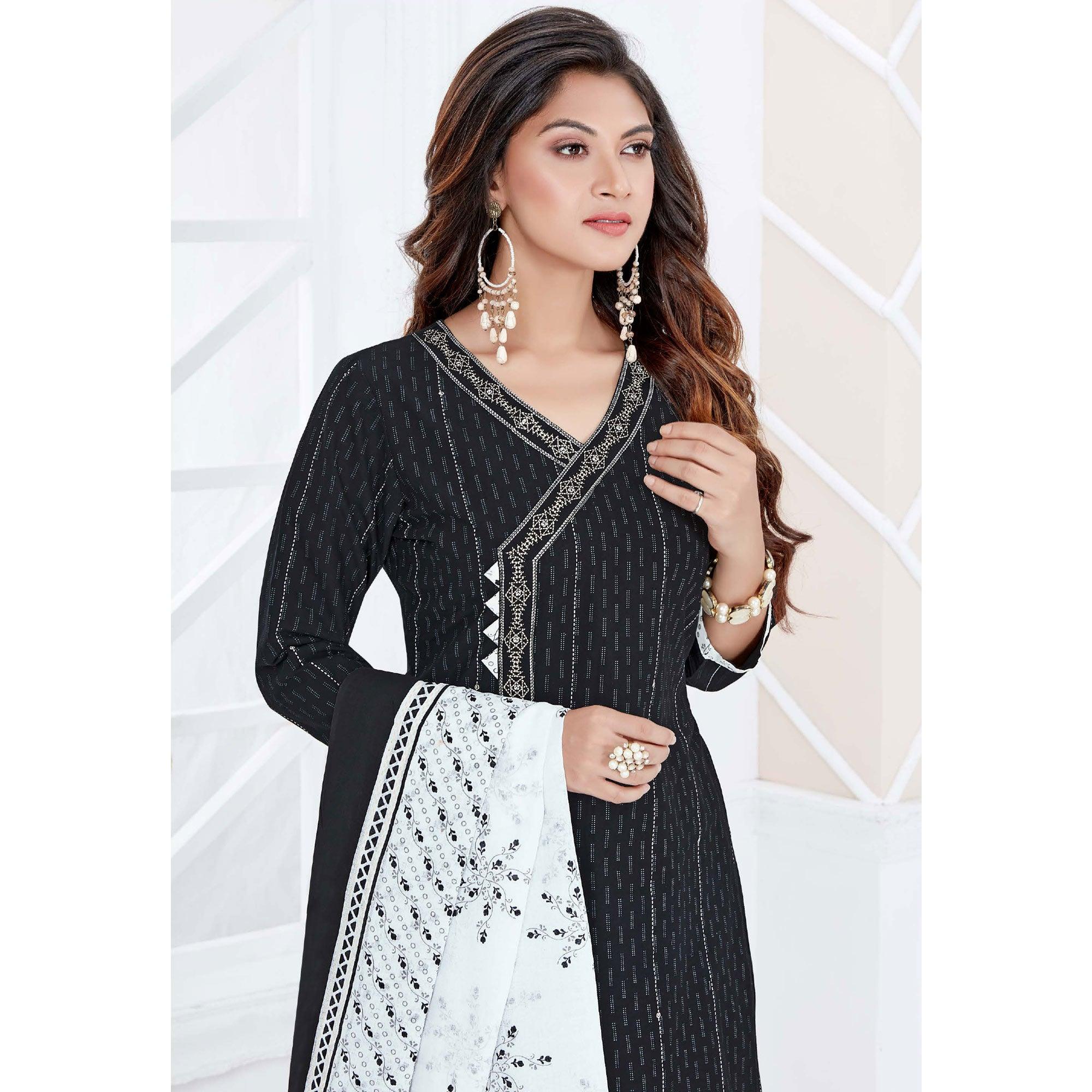 Black Casual Wear Printed Cotton Patiala Dress Material - Peachmode