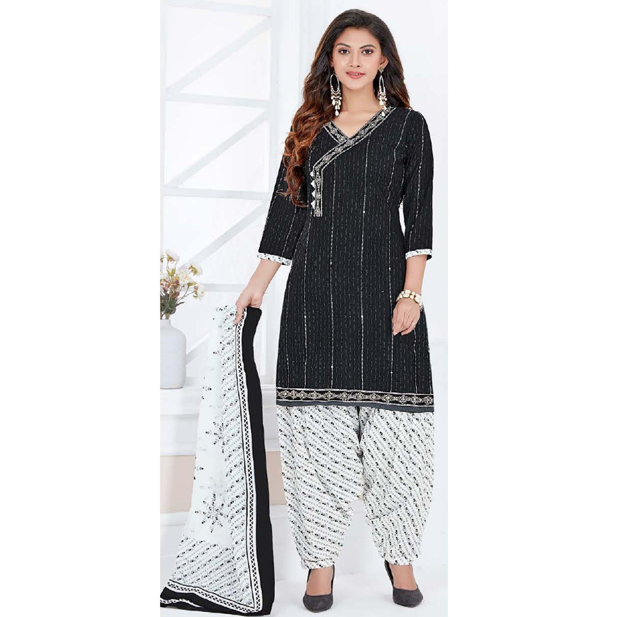 Black Casual Wear Printed Cotton Patiala Dress Material - Peachmode