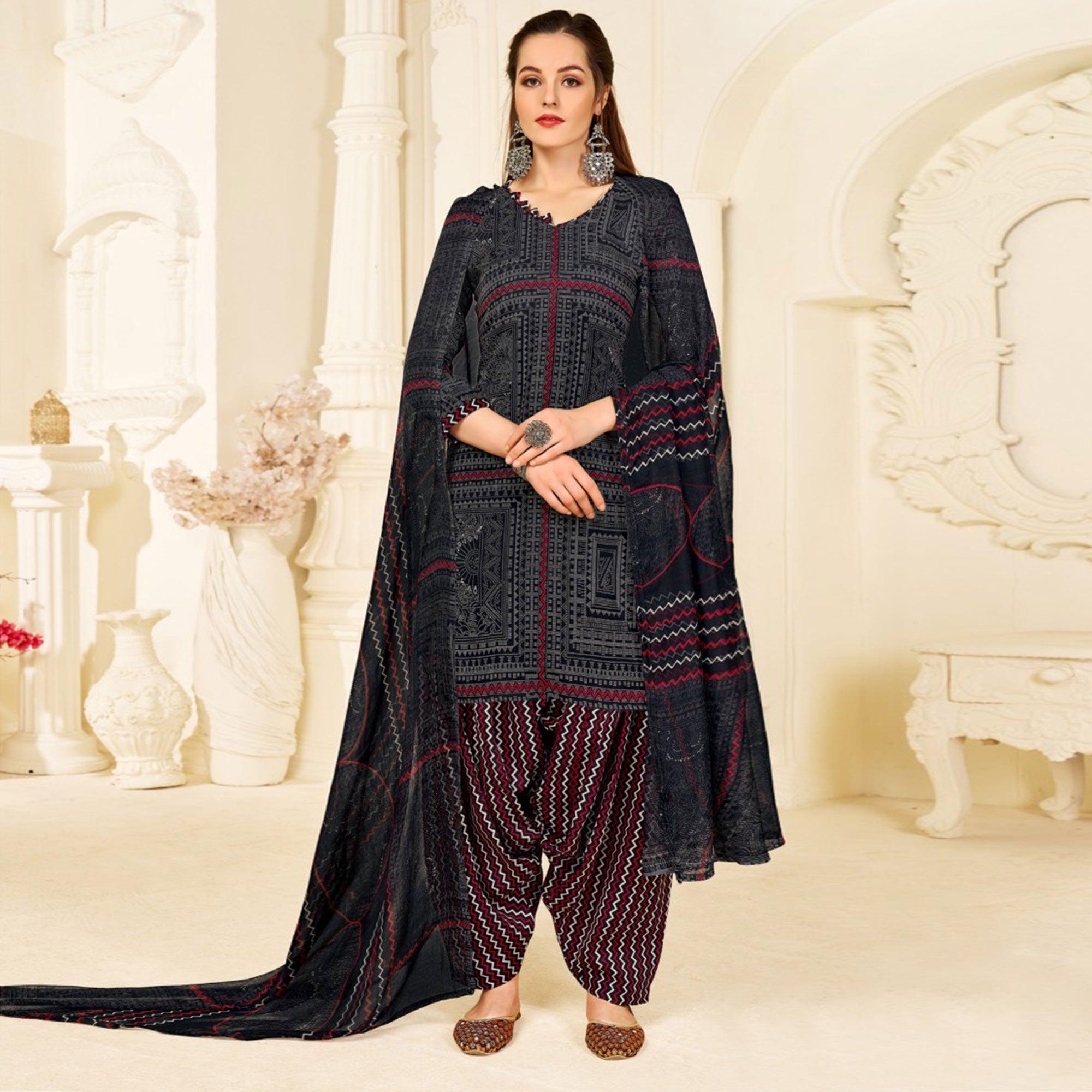 Black Casual Wear Printed Cotton Patiala Suit - Peachmode
