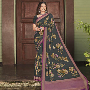 Black Casual Wear Printed Crepe Saree - Peachmode