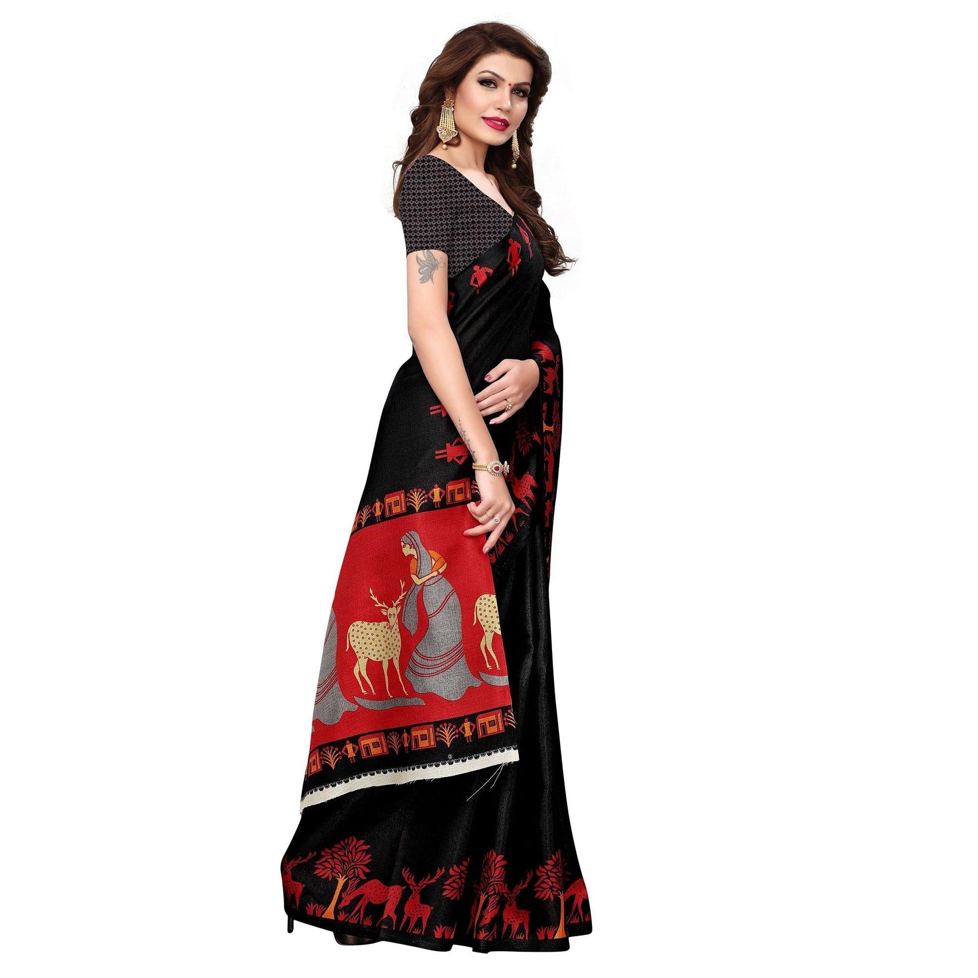 Black Casual Wear Printed Jute Saree - Peachmode