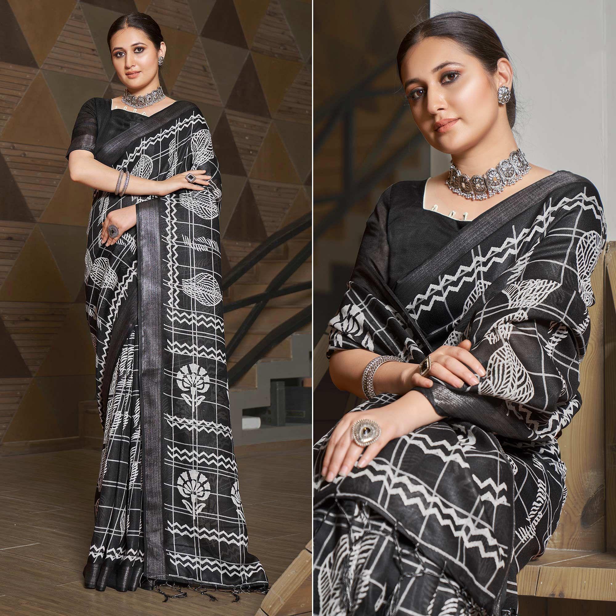 Black Casual Wear Printed Linen Saree - Peachmode