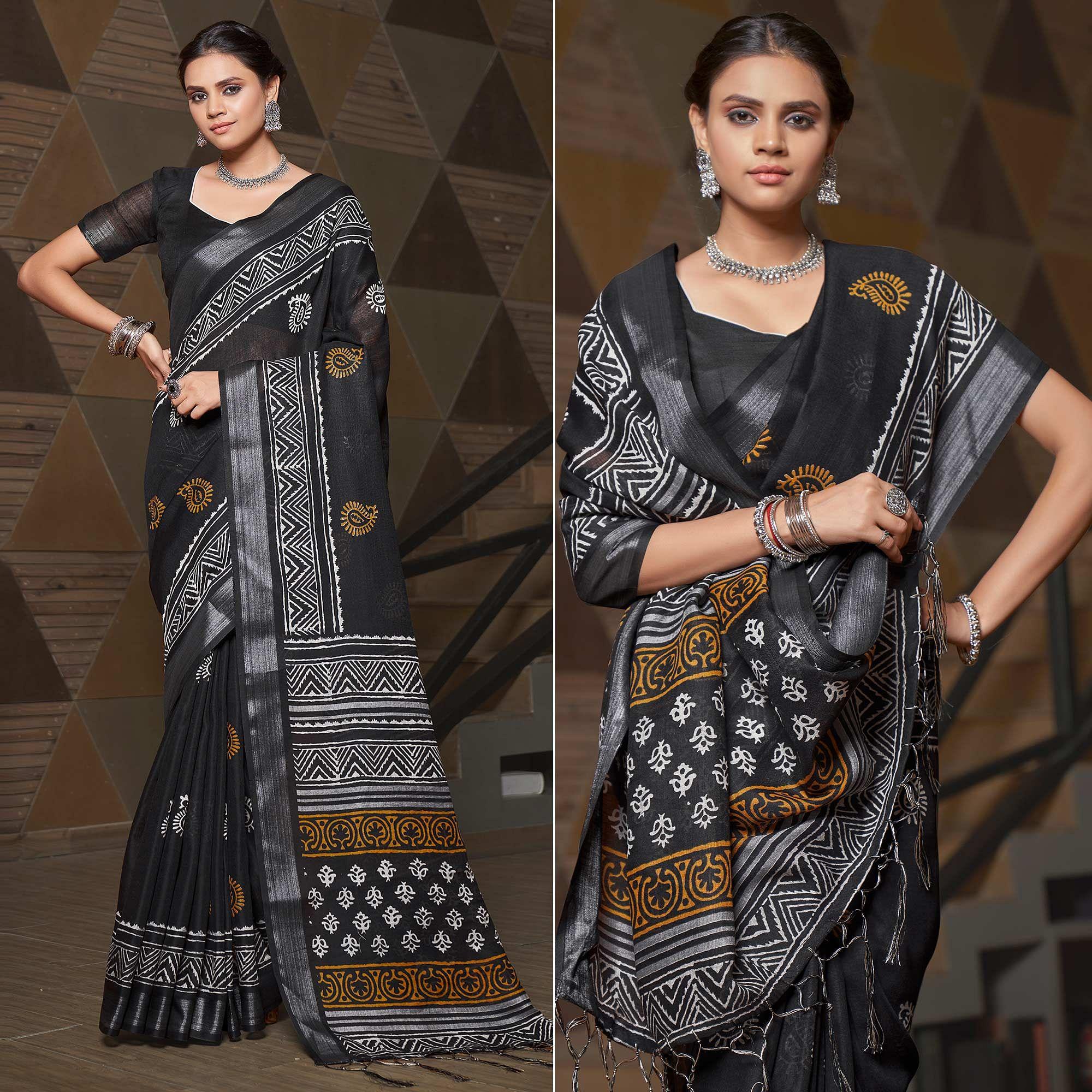 Black Casual Wear Printed Linen Saree - Peachmode