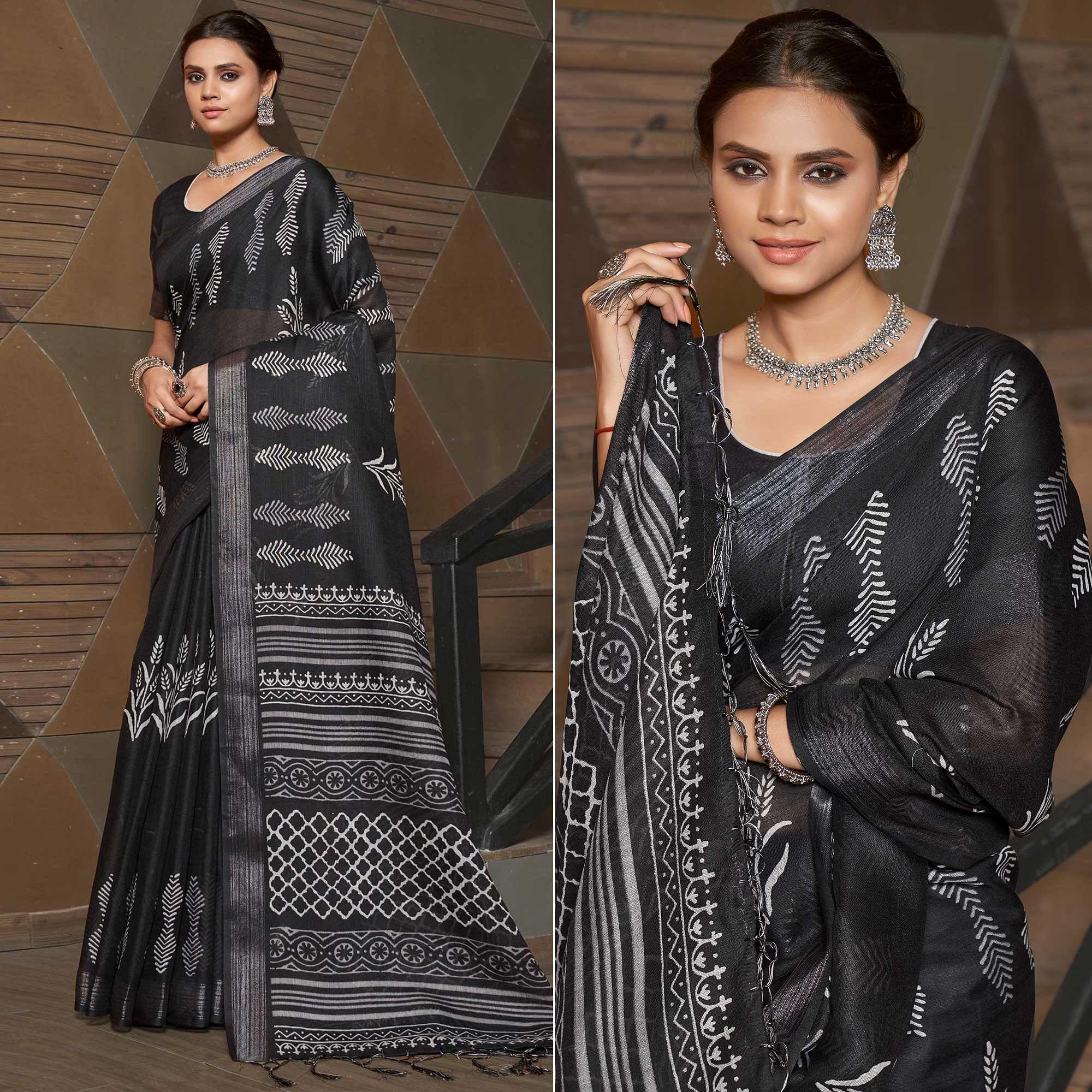 Black Casual Wear Printed Linen Saree - Peachmode