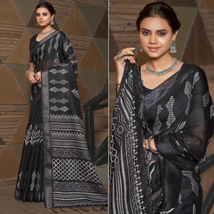 Black Casual Wear Printed Linen Saree - Peachmode