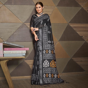 Black Casual Wear Printed Linen Saree - Peachmode