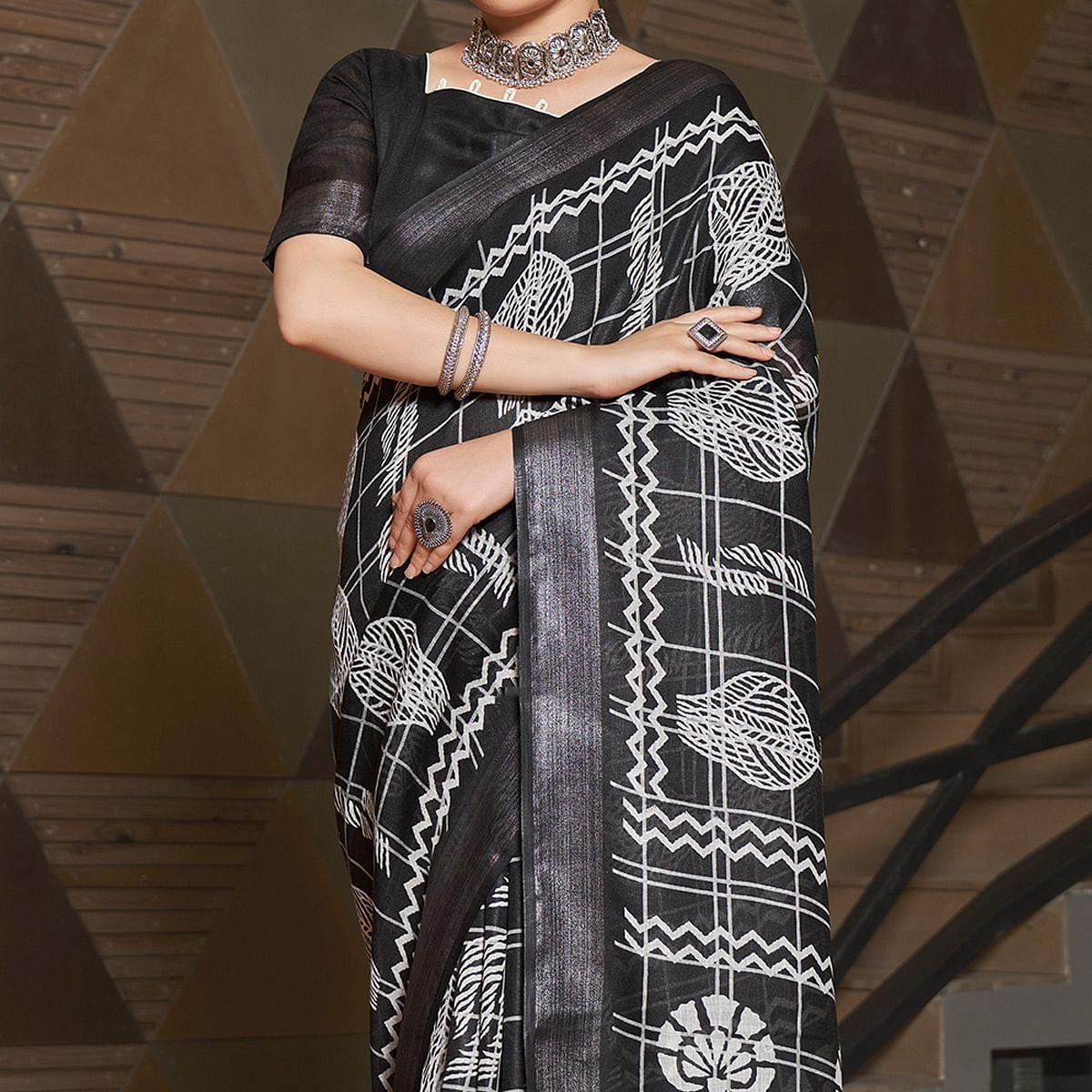 Black Casual Wear Printed Linen Saree - Peachmode