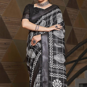 Black Casual Wear Printed Linen Saree - Peachmode