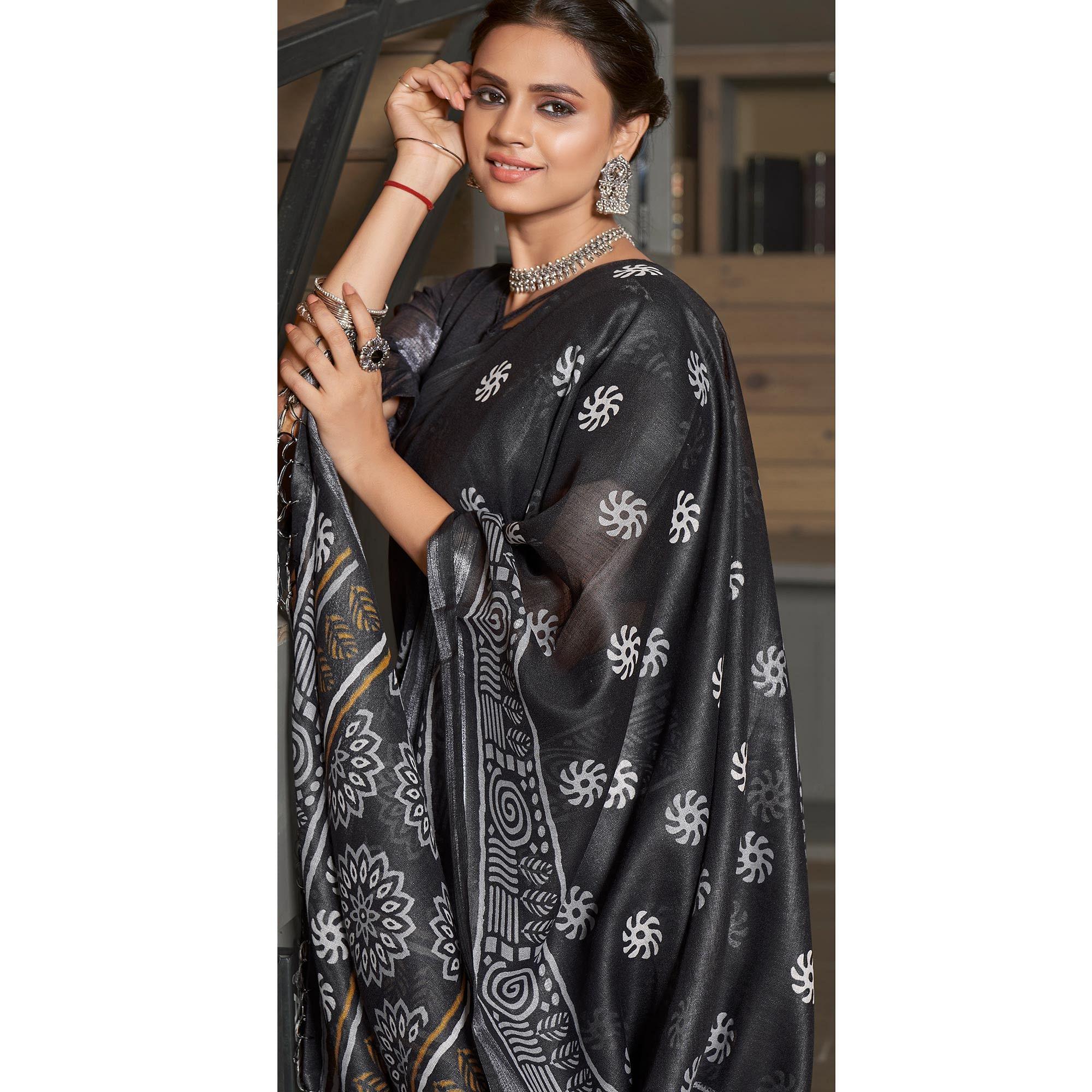 Black Casual Wear Printed Linen Saree - Peachmode