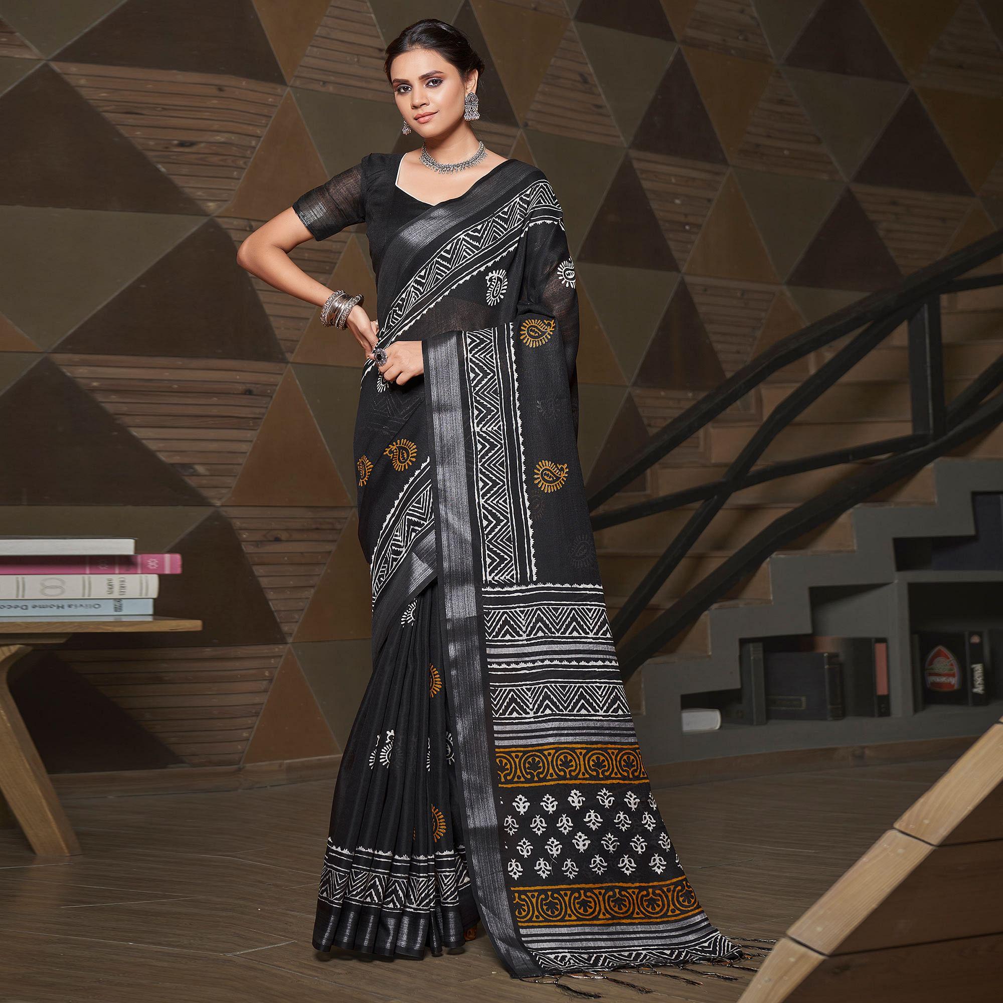 Black Casual Wear Printed Linen Saree - Peachmode