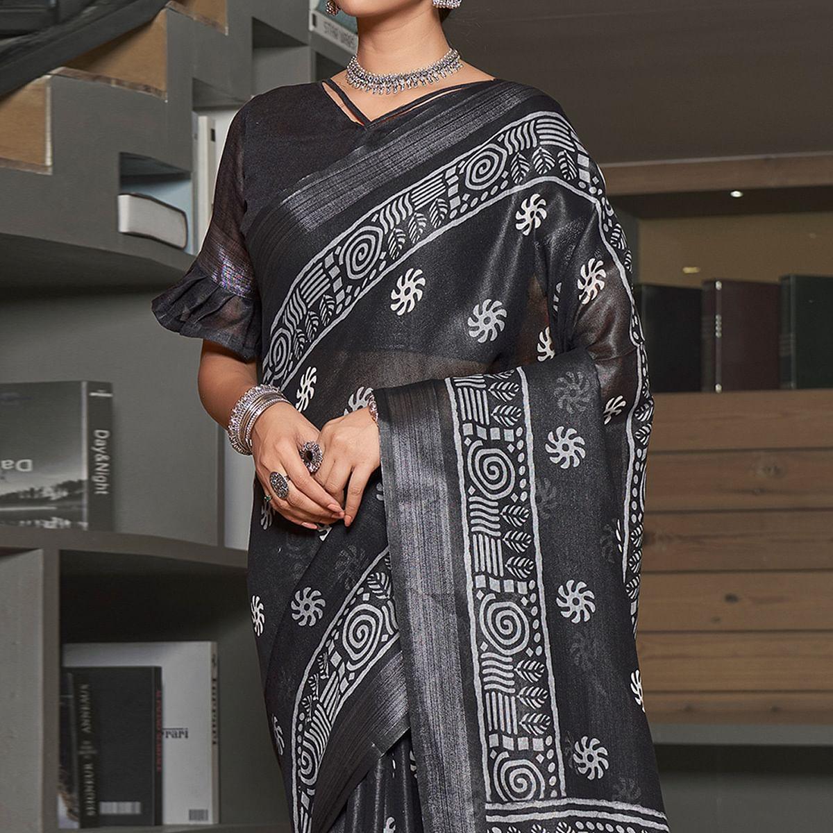Black Casual Wear Printed Linen Saree - Peachmode