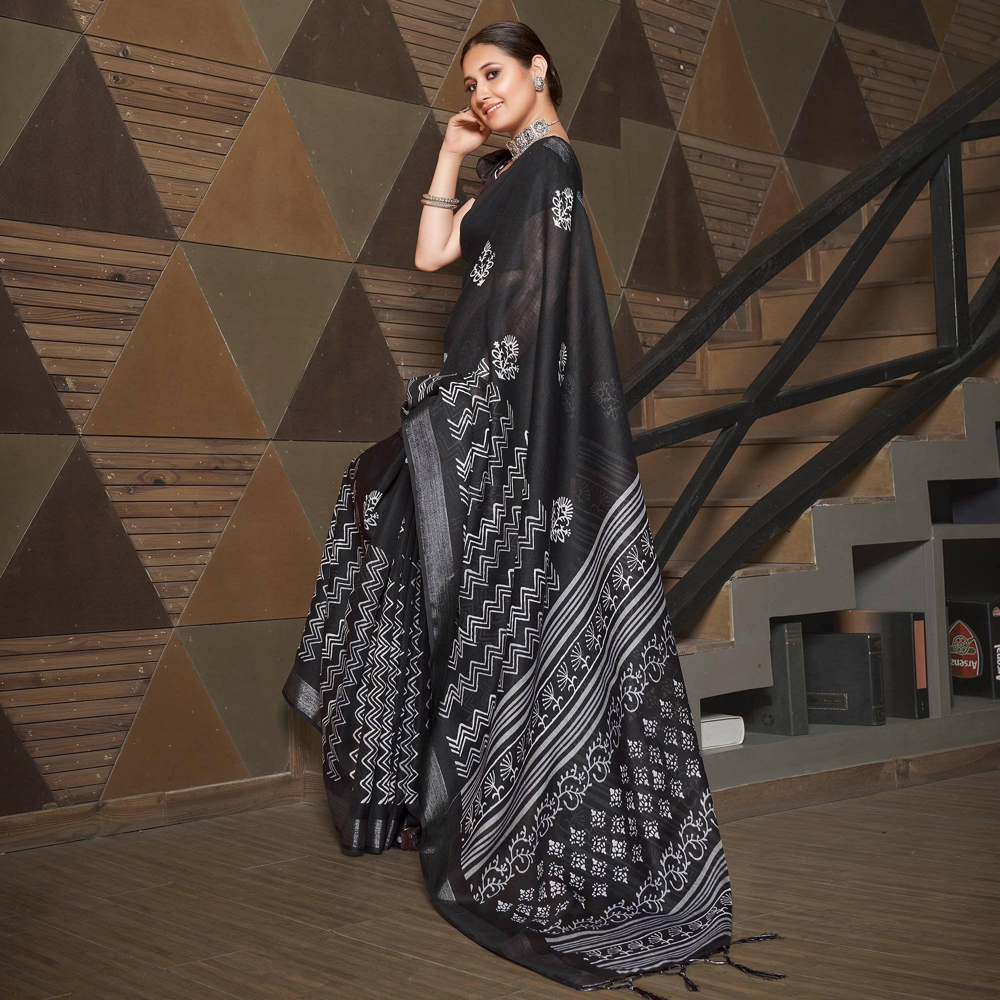 Black Casual Wear Printed Linen Saree - Peachmode
