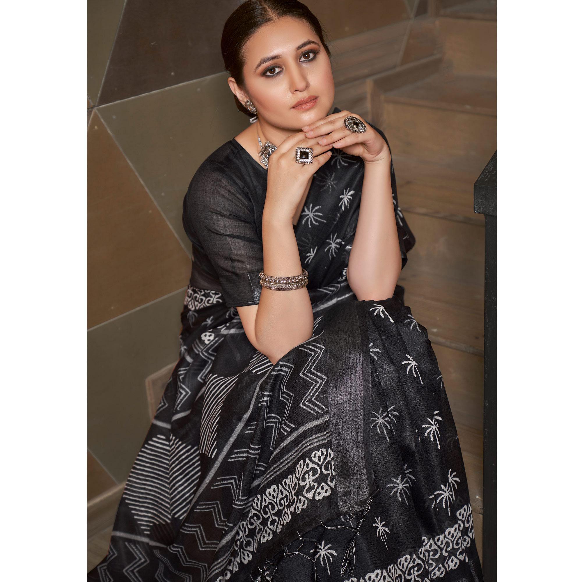 Black Casual Wear Printed Linen Saree - Peachmode