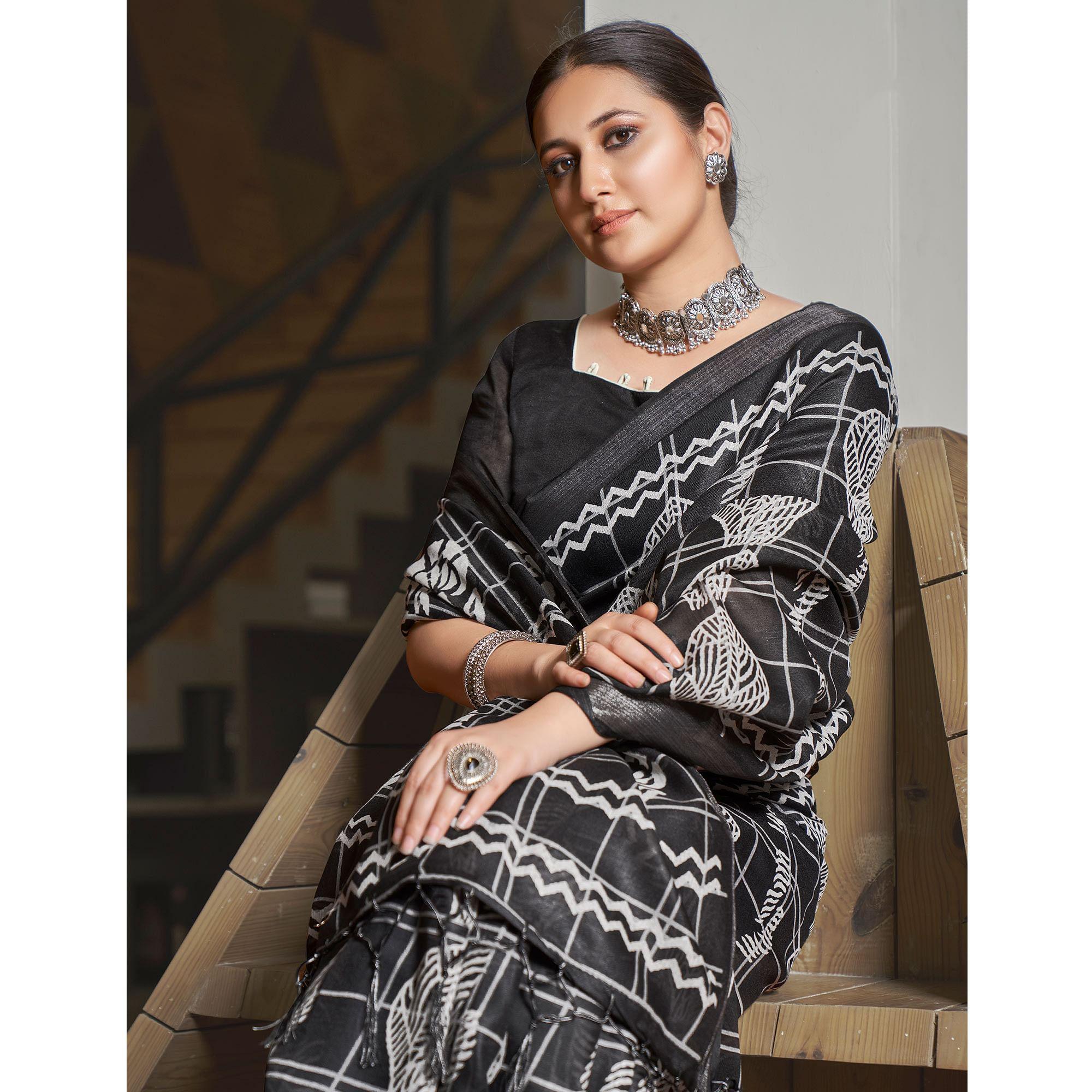 Black Casual Wear Printed Linen Saree - Peachmode